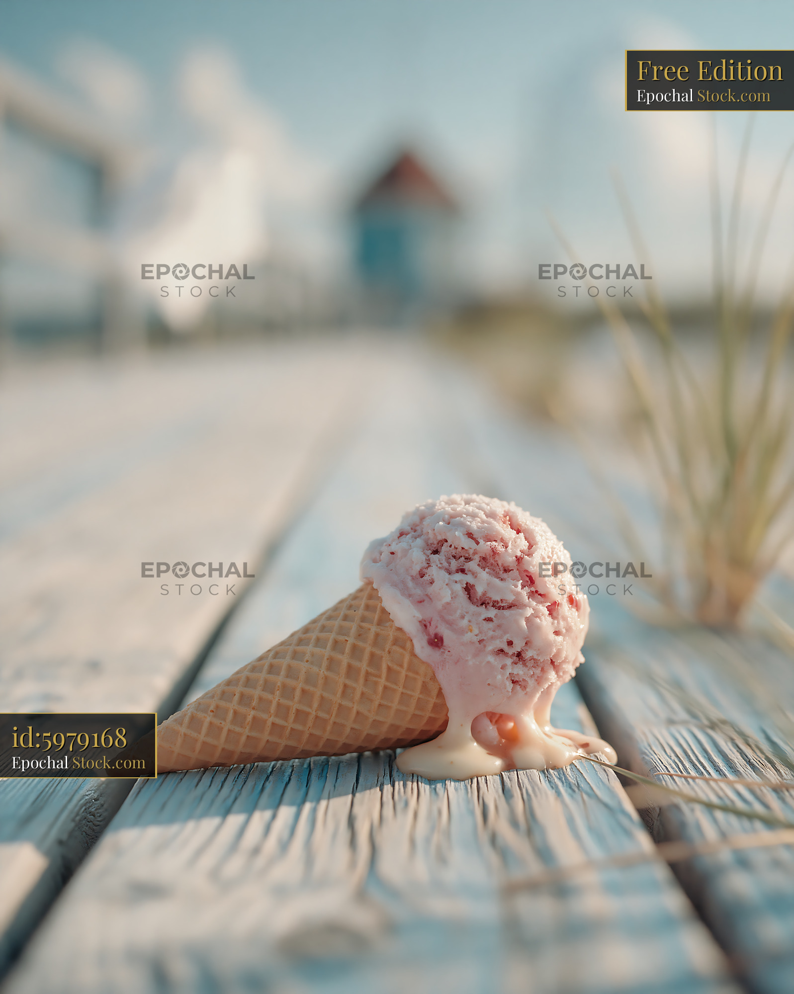 Abandoned ice cream cone melting on a wooden boardwalk at the beach - stock photo