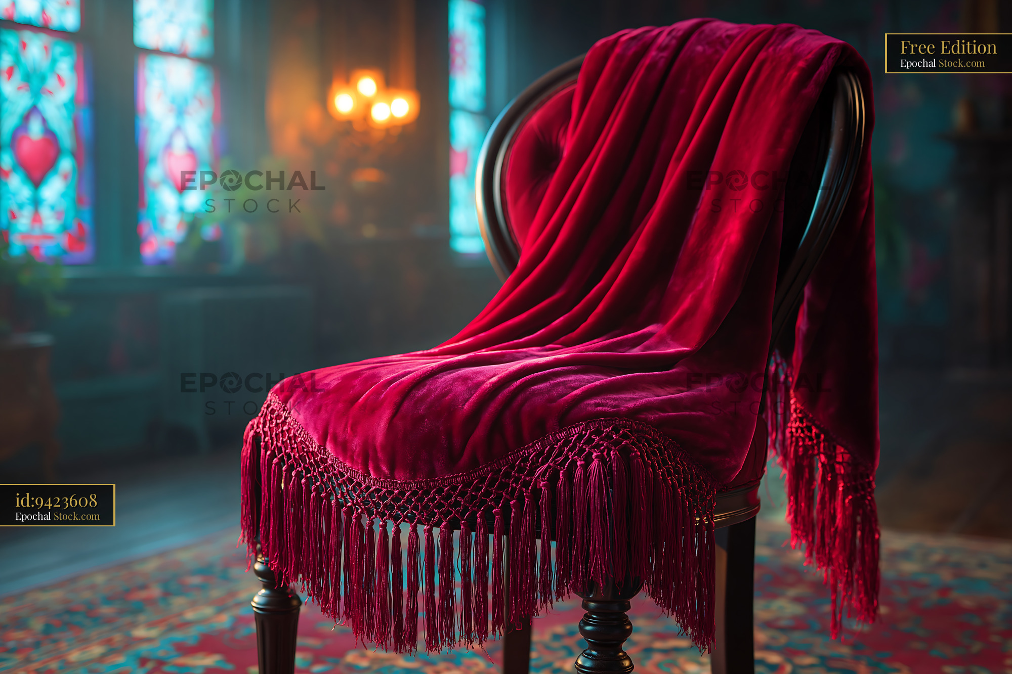 Elegant red velvet throw on a wooden seat in a moody vintage room - stock photo