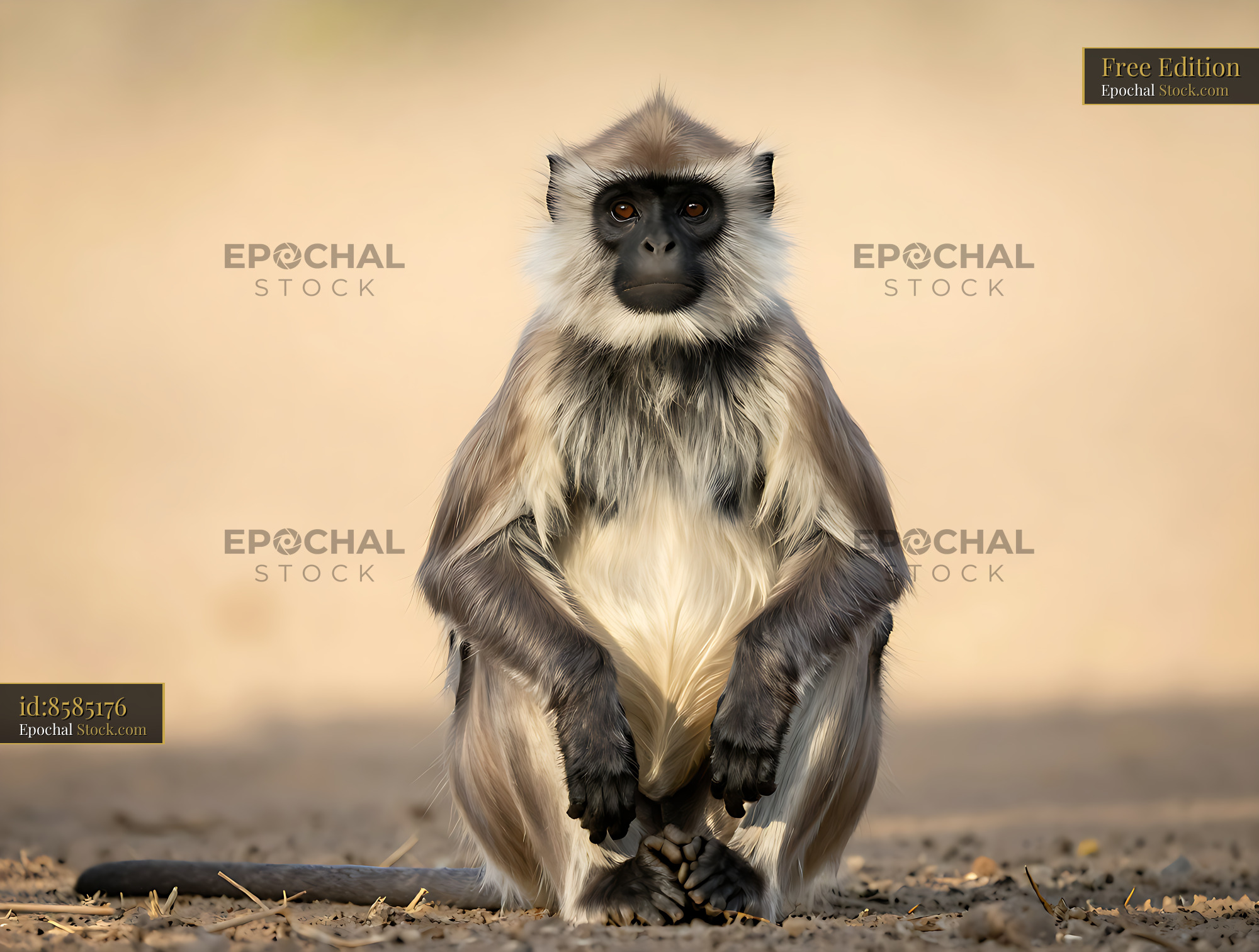 Adult gray langur monkey sitting calmly on the ground - stock photo