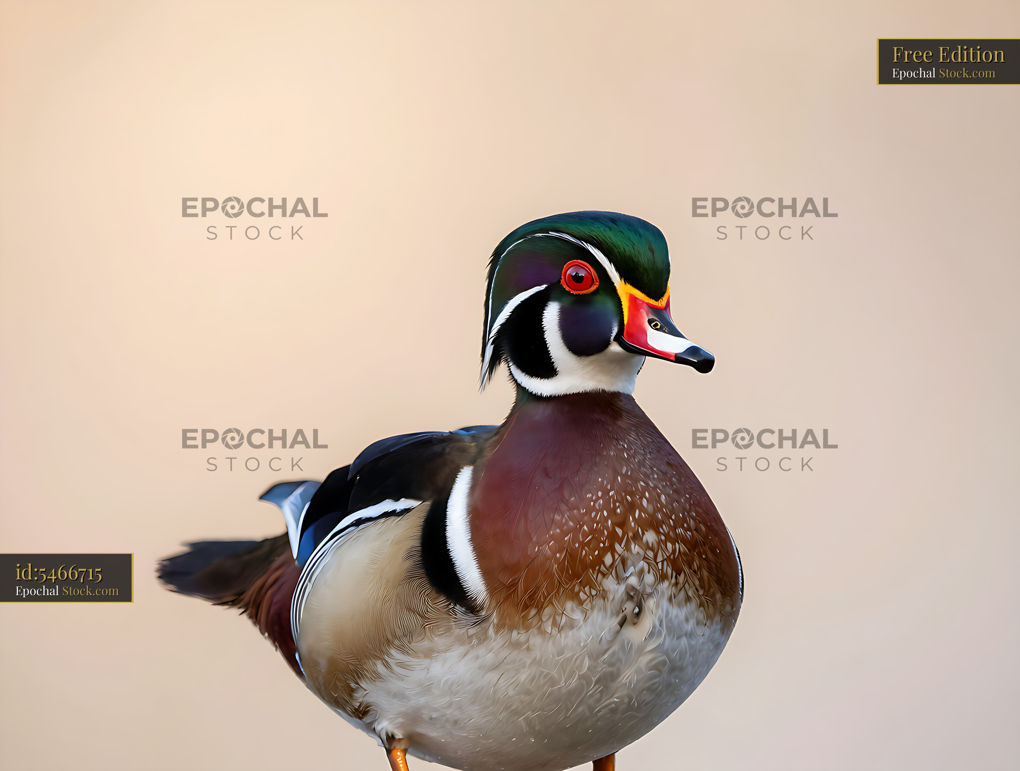 Male wood duck with vibrant plumage against a neutral background - stock photo