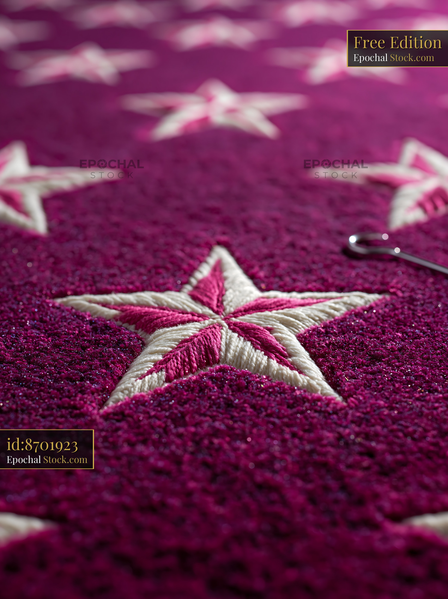 Close up of a red carpet stars pattern floor with elegant embroidery - stock photo
