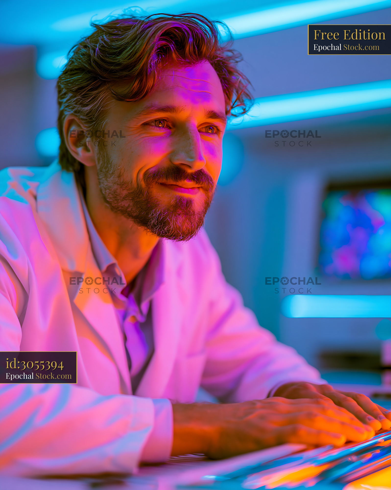 Male scientist in lab coat working in a futuristic neon laboratory - stock photo