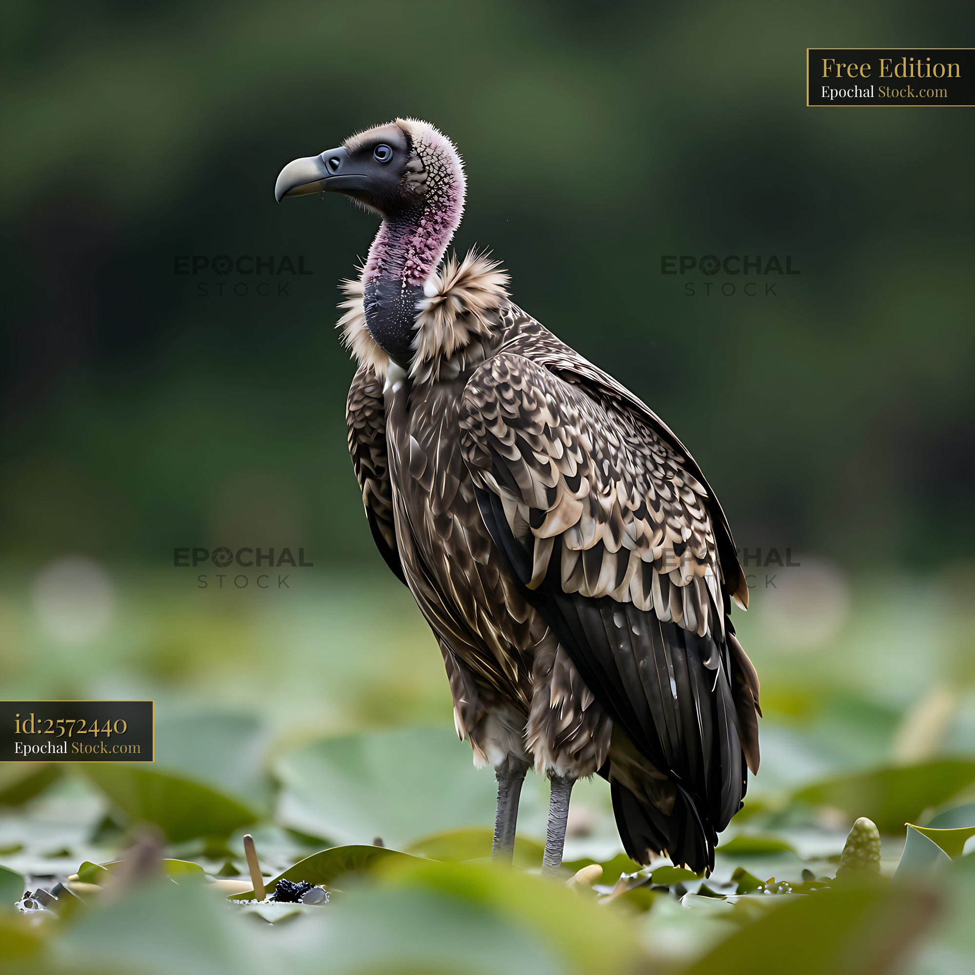 Cape vulture standing on green lily pads in a lush wetland - stock photo