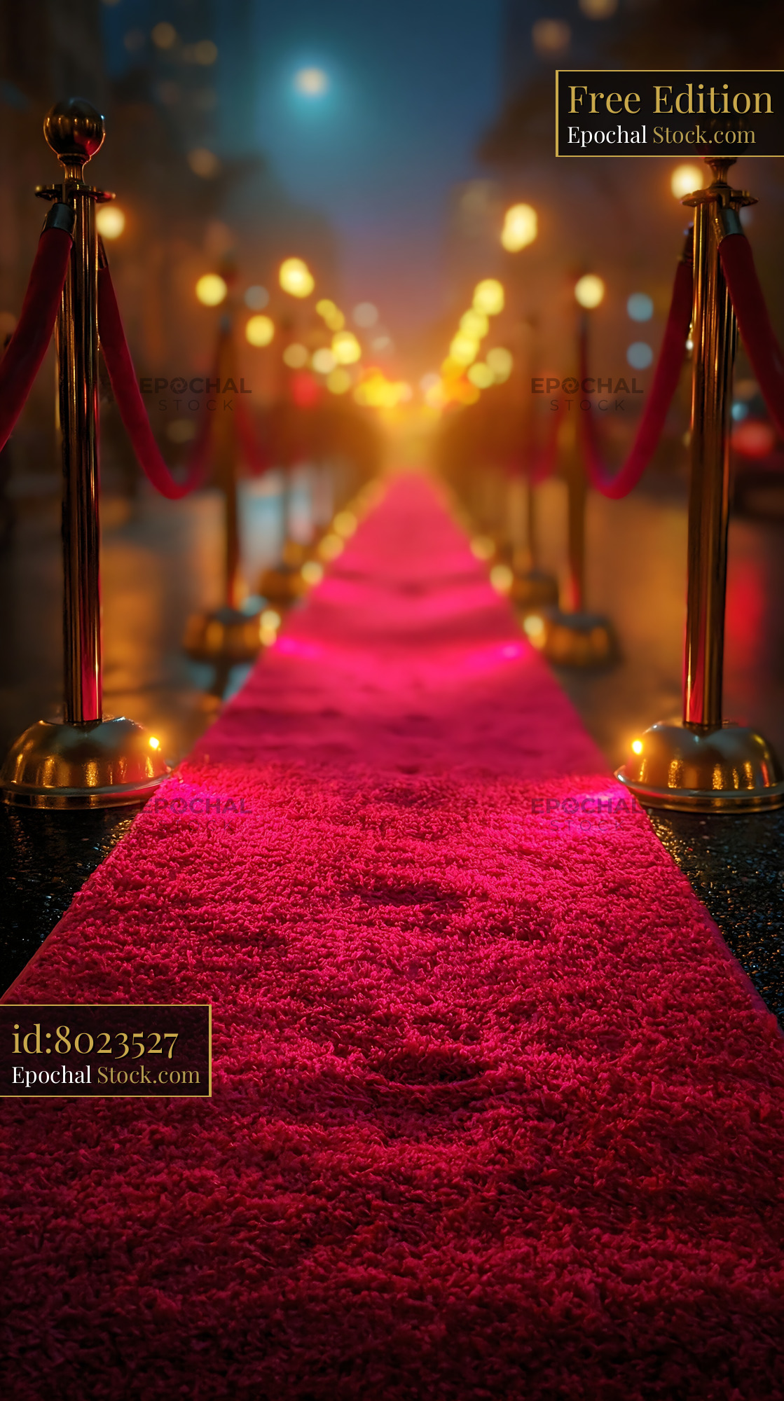 Red carpet with golden stanchions on a city street at night - stock photo
