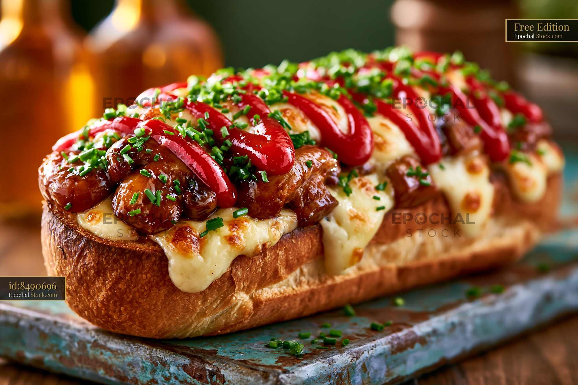 Gourmet zapiekanka pizza with melted cheese and fresh chives - stock photo
