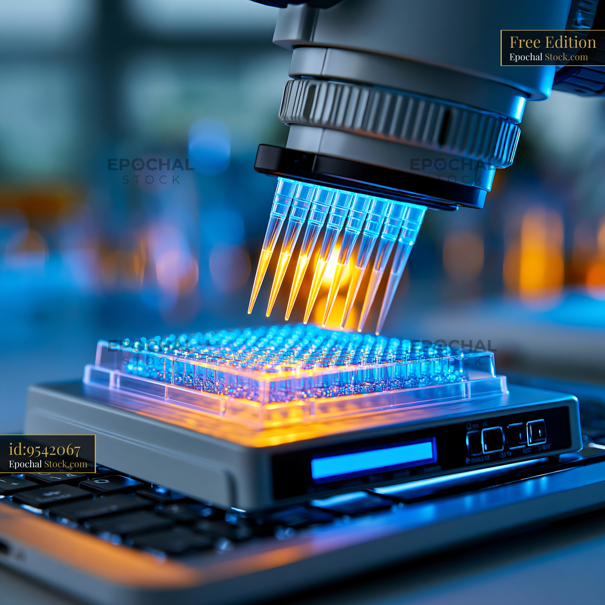 Automated pipette system over a scintillation proximity assay bead pla - stock photo