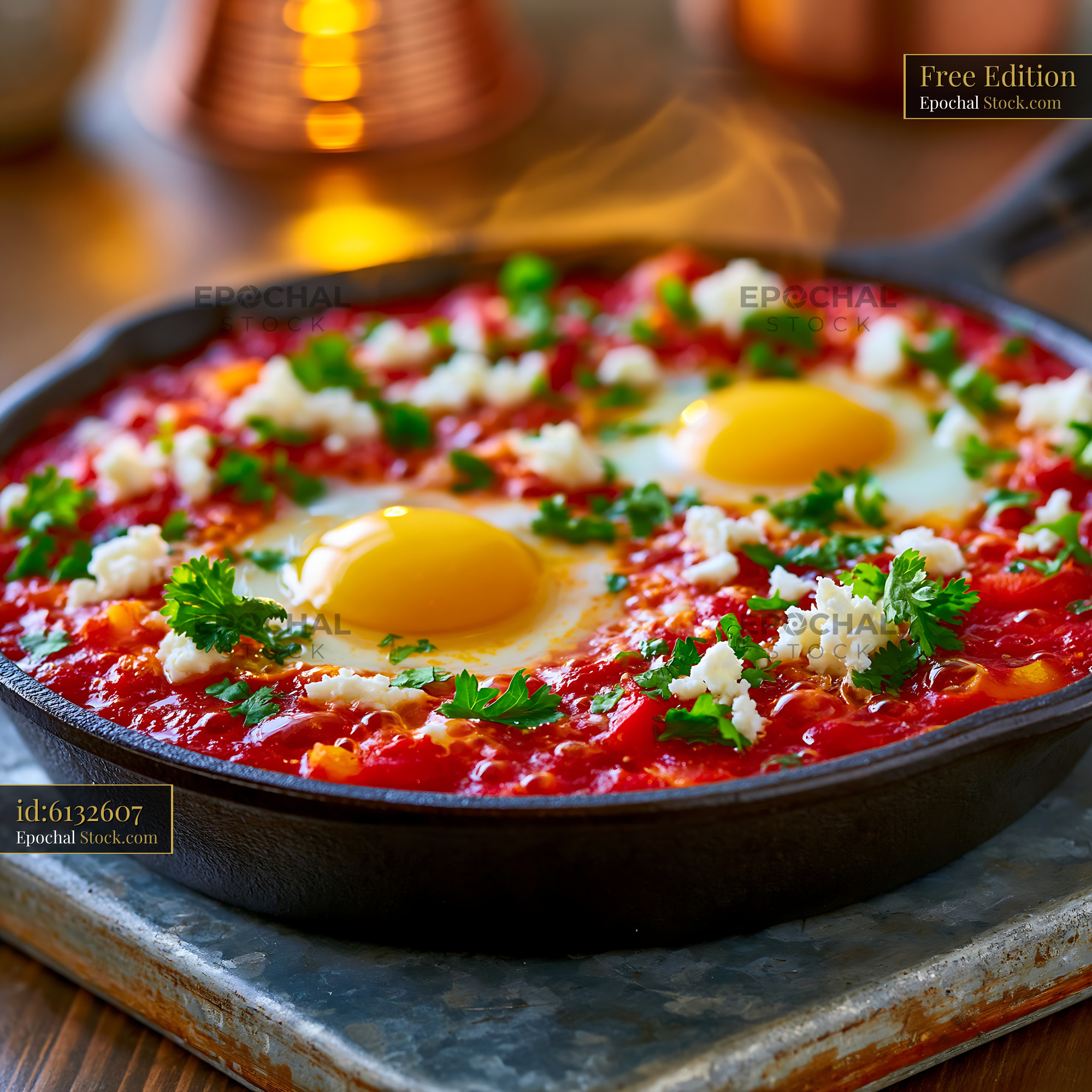 Shakshuka with eggs and feta in a cast iron skillet - stock photo