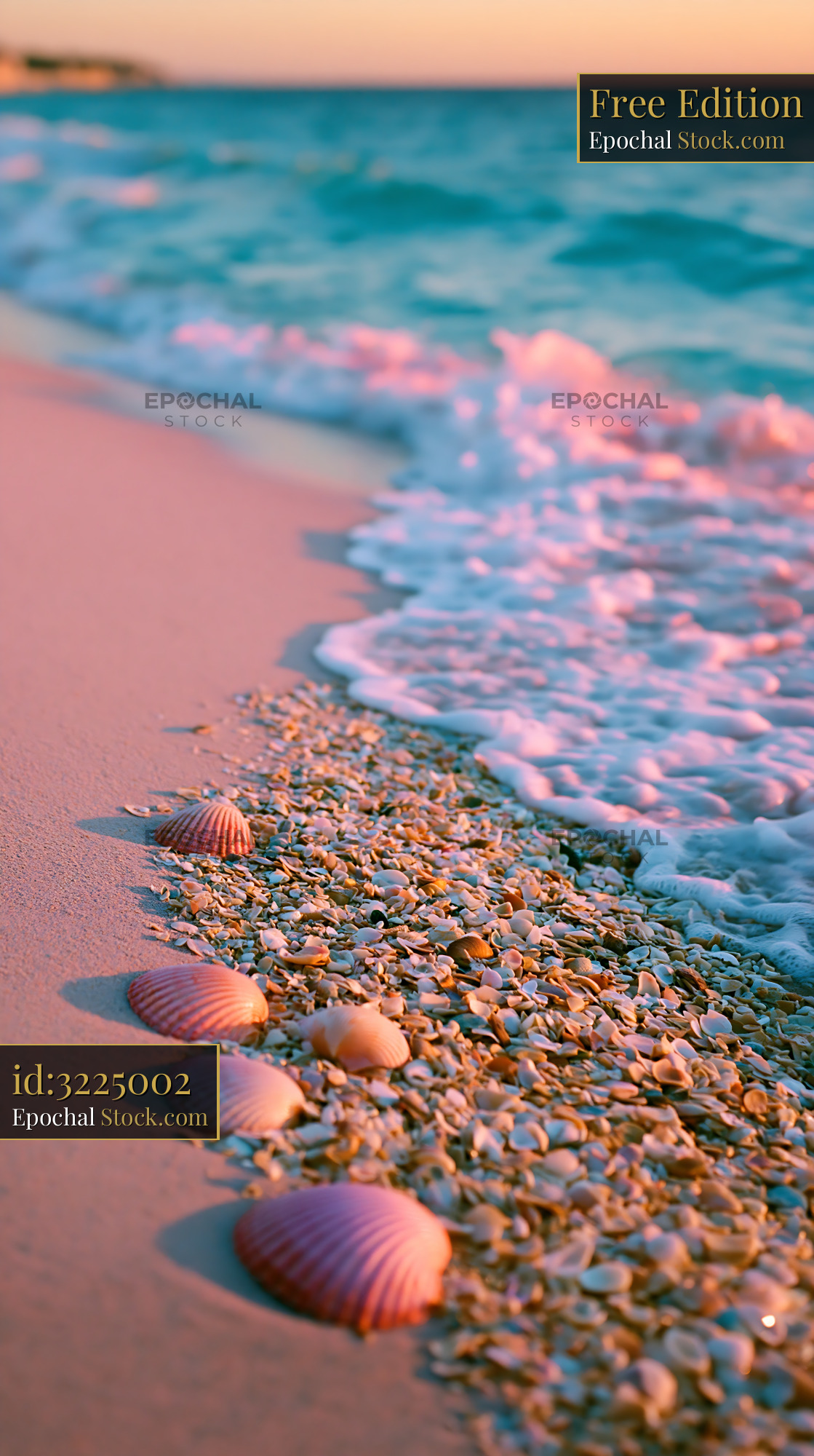 Pink seashells on sandy beach during golden hour sunset - stock photo