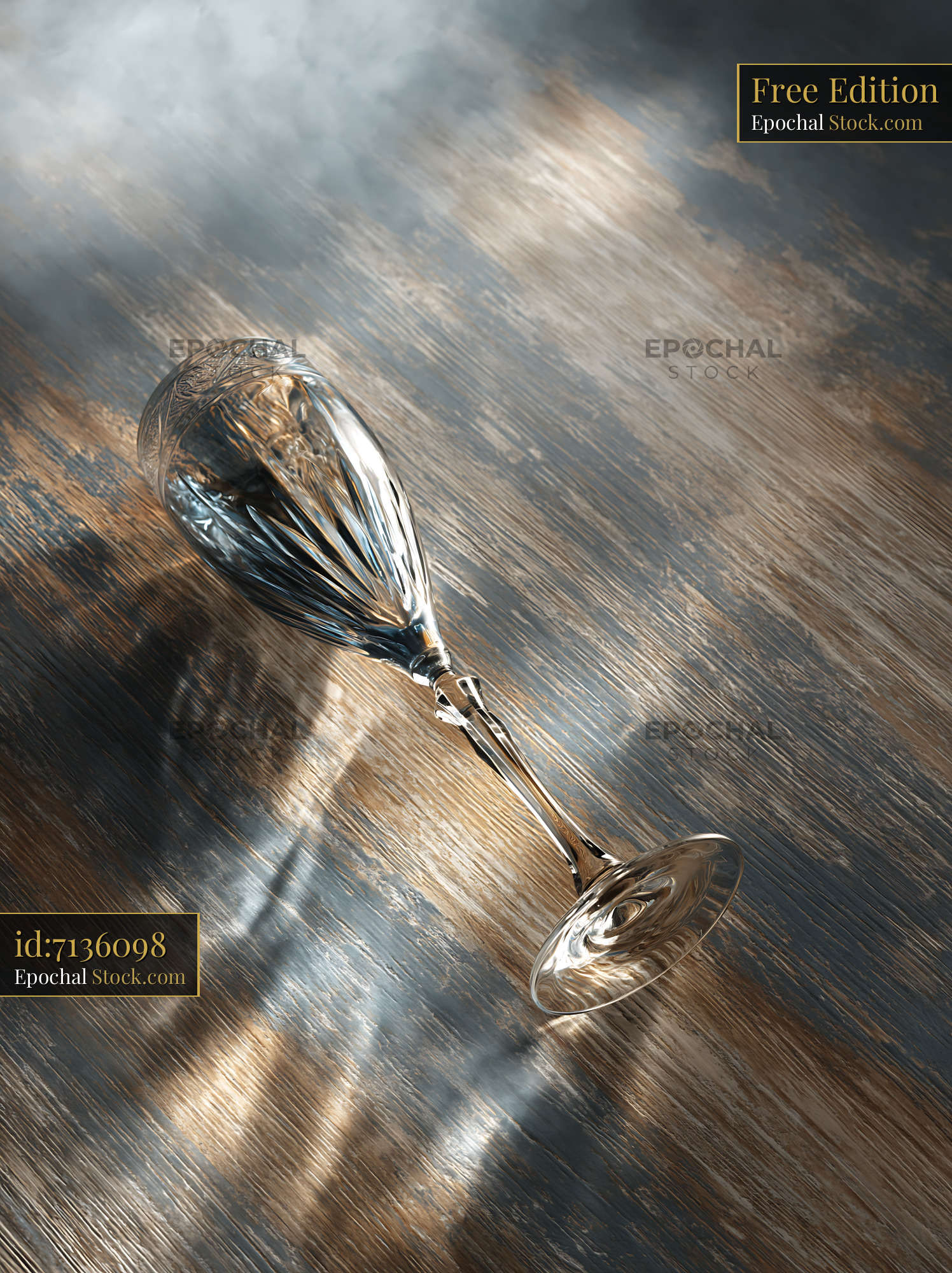 Empty crystal champagne glass lying on a dark wooden surface - stock photo