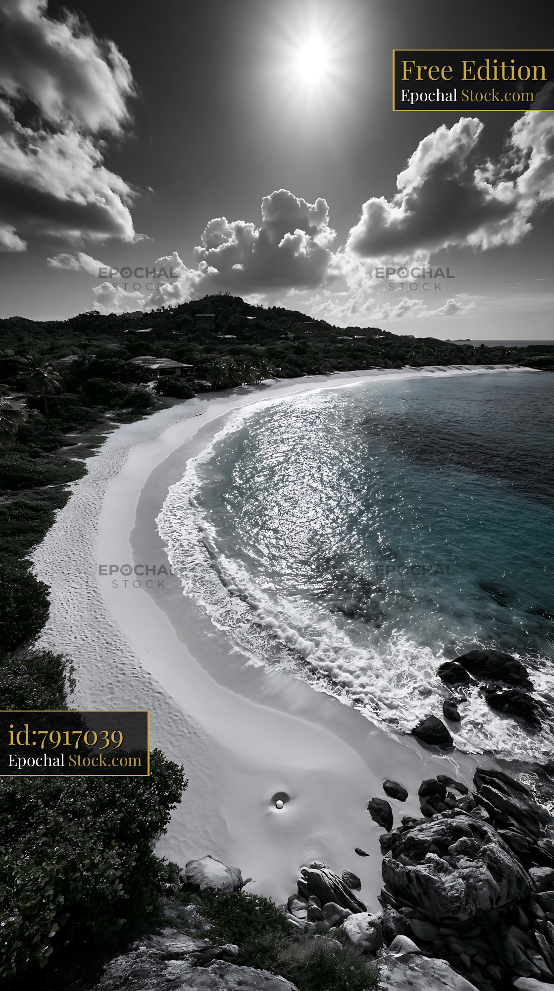 Tropical beach bay with white sand and granite rocks - stock photo