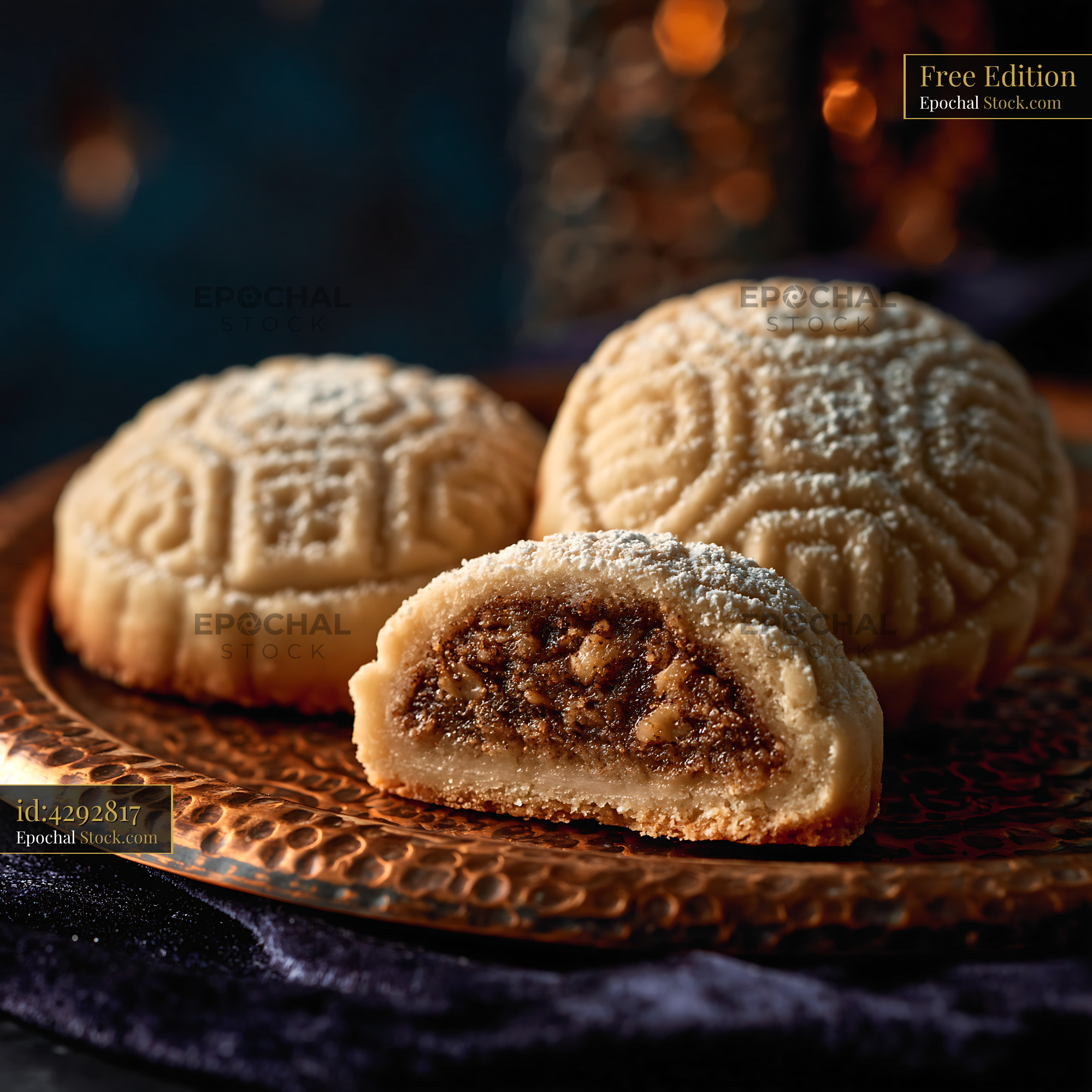 Walnut maamoul biscuits on a traditional copper plate - stock photo