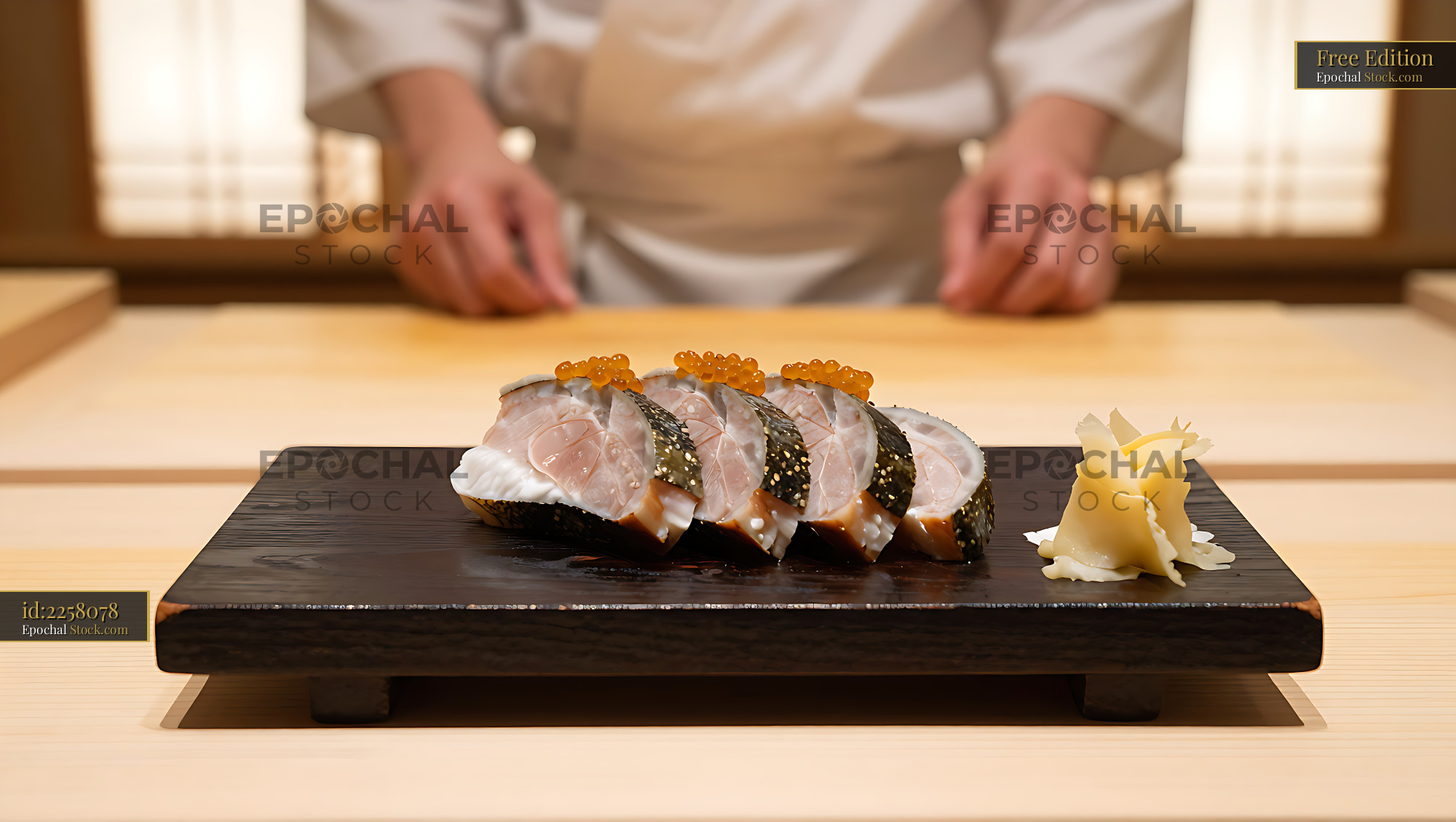 Traditional funazushi fermented sushi with salmon roe and ginger - stock photo