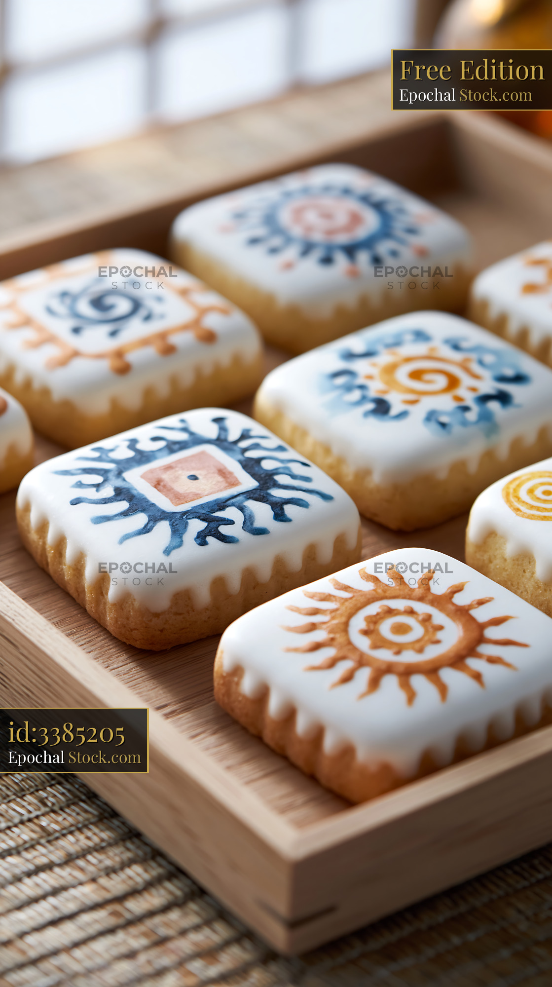 Square artisanal cookies with hand-painted sun patterns in wooden tray - stock photo