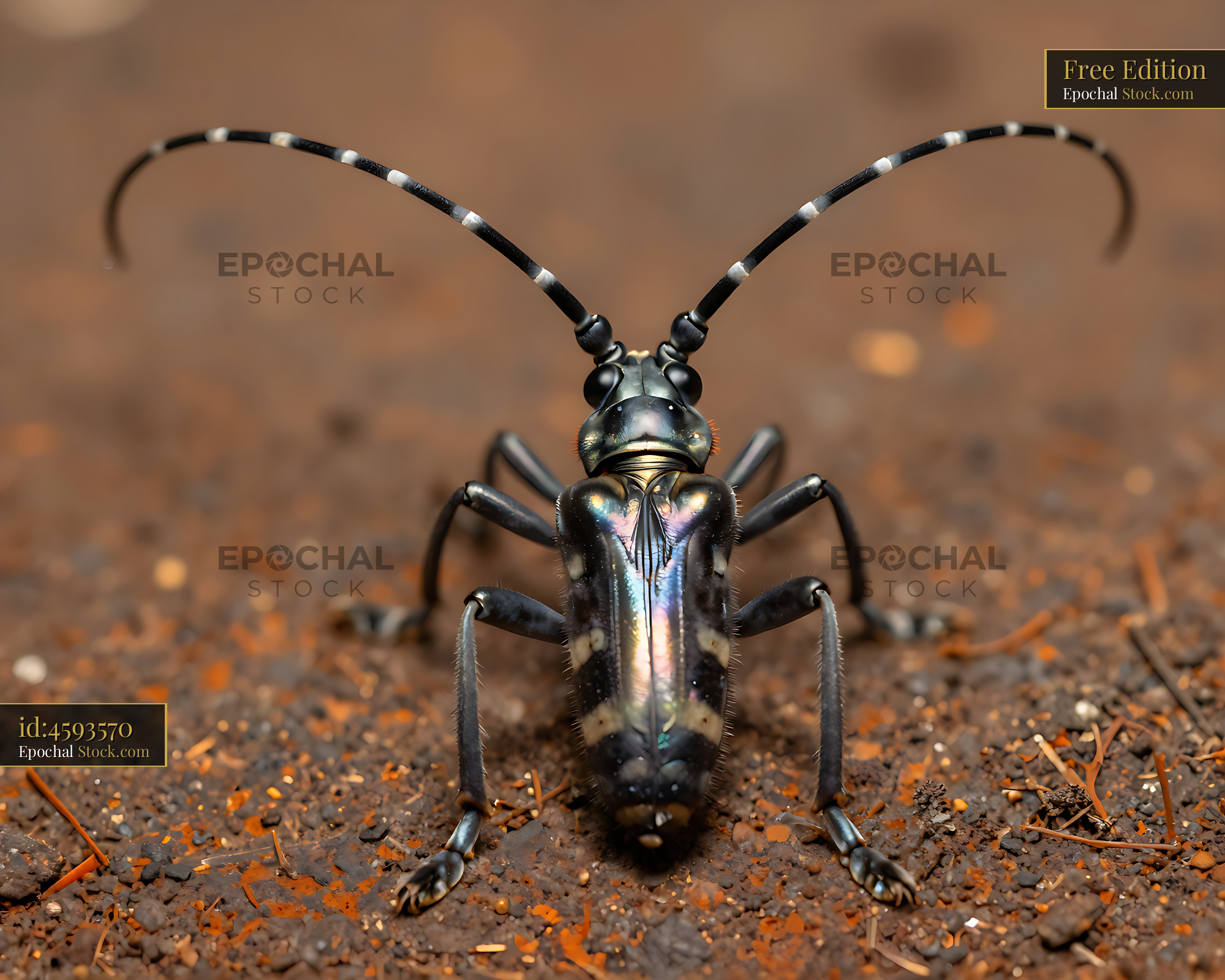 Black-spotted longicorn beetle with long striped antennae on soil - stock photo