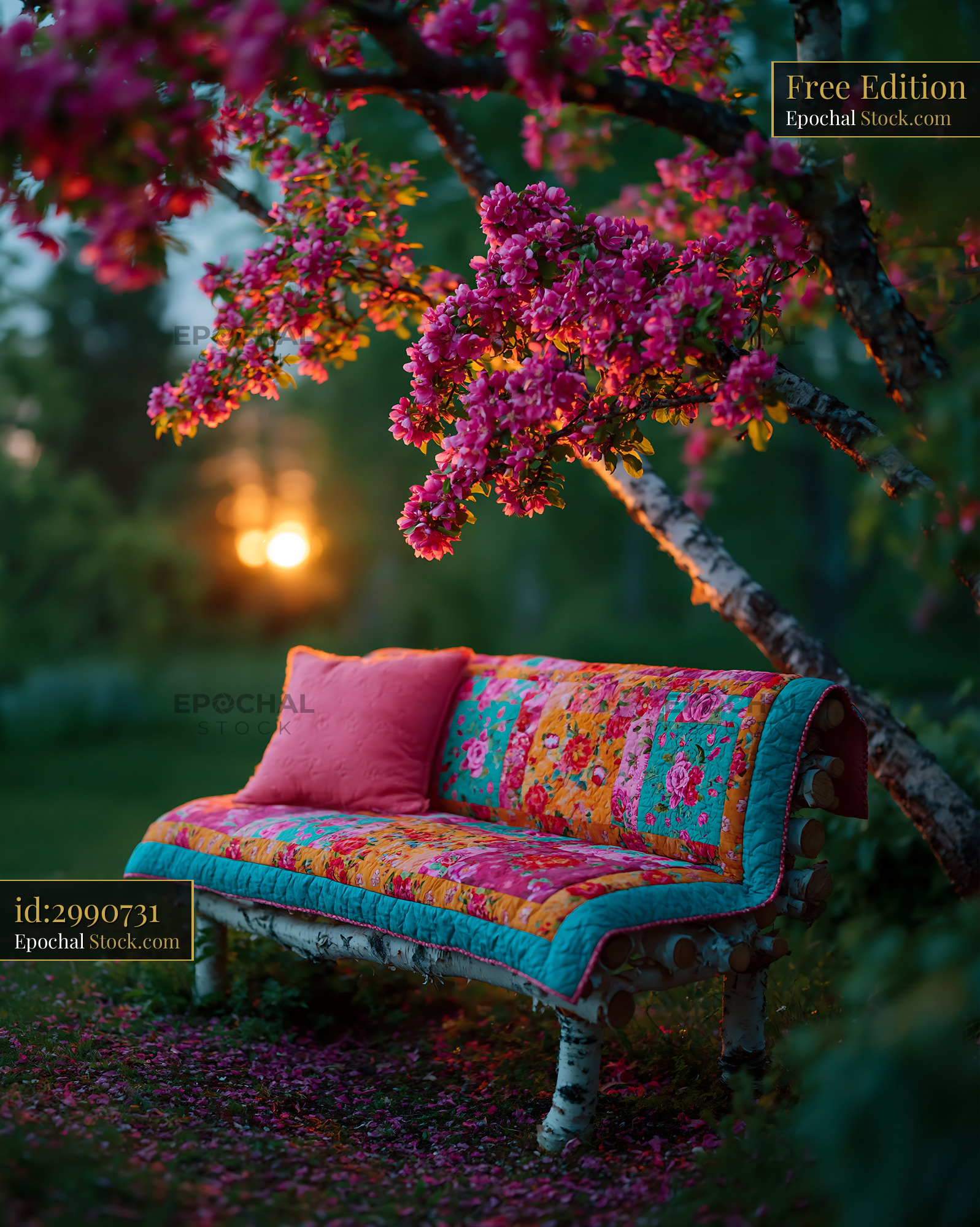 Rustic seating with throw on birch bench under blooming tree - stock photo
