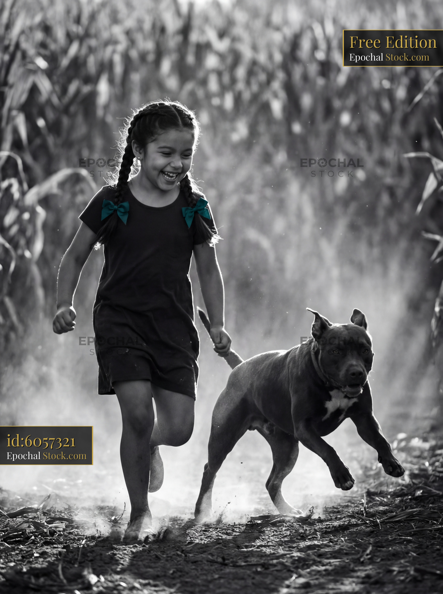 Girl runs with dog in cornfield during sunny day