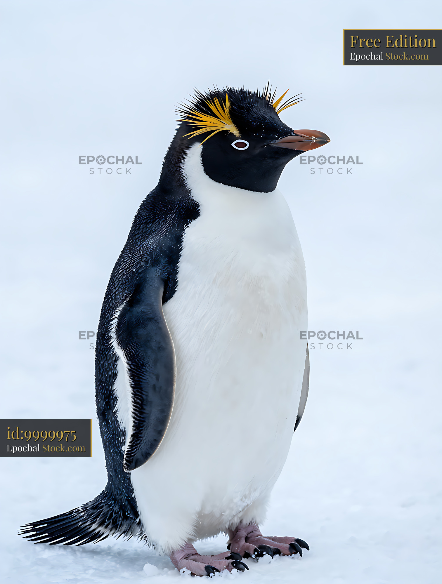 Rockhopper penguin standing on white snow in the antarctic wilderness - stock photo