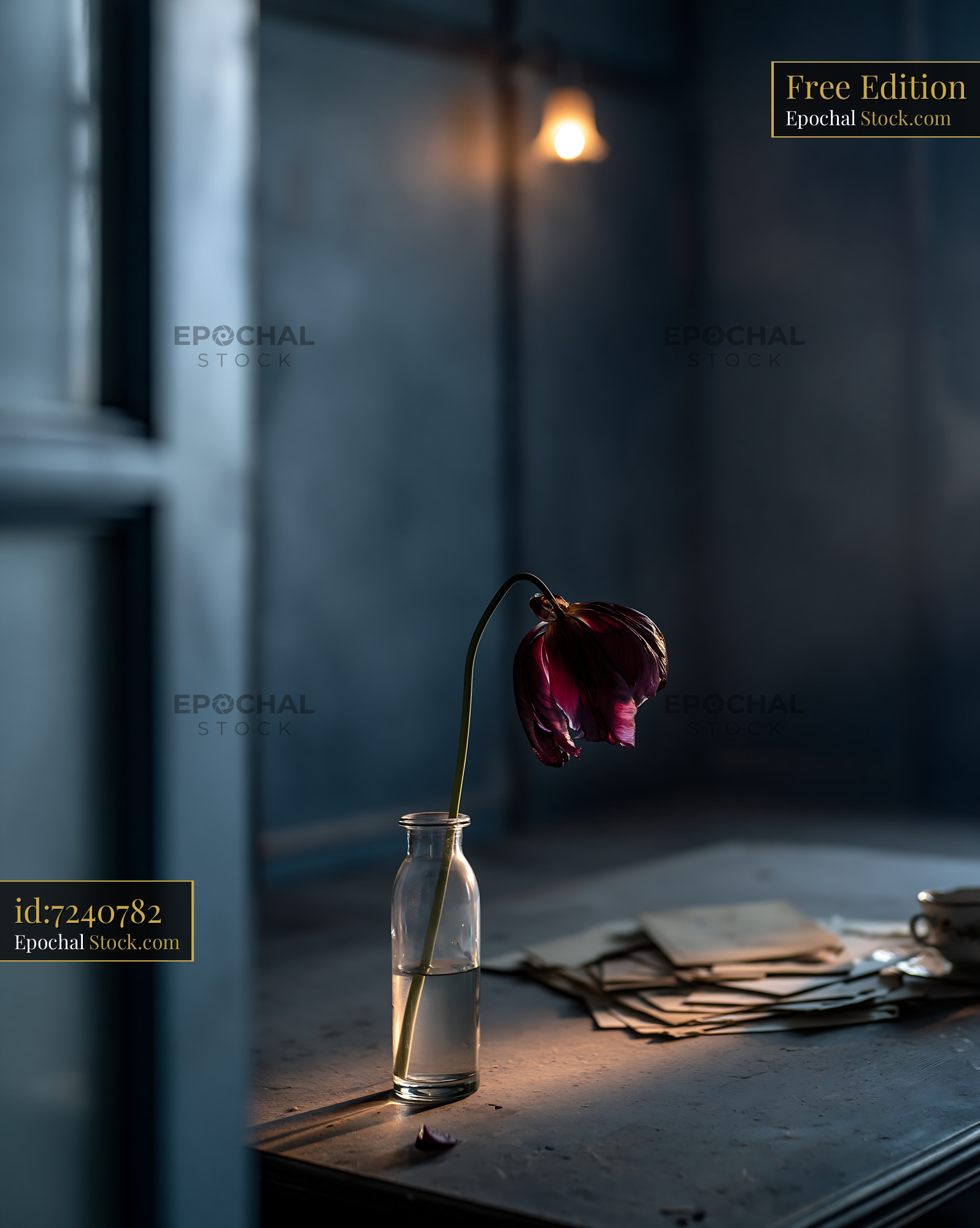 Wilted tulip and old letters in a moody abandoned room - stock photo
