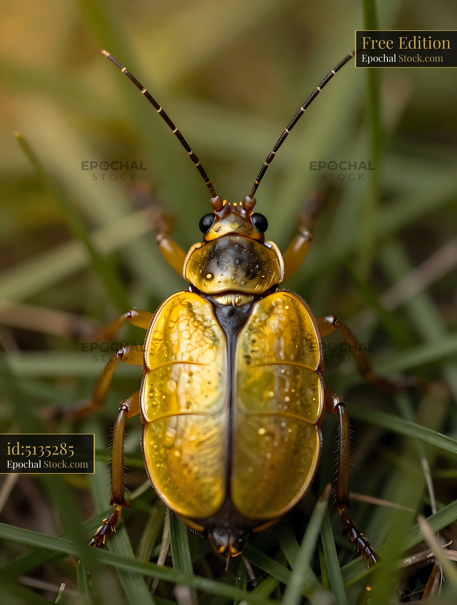 Allotopus rosenbergi beetle with golden shell resting on green grass - stock photo