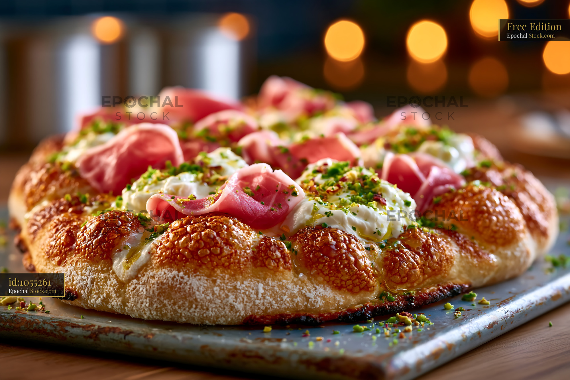 Artisan pinsa romana pizza with prosciutto and creamy burrata cheese - stock photo