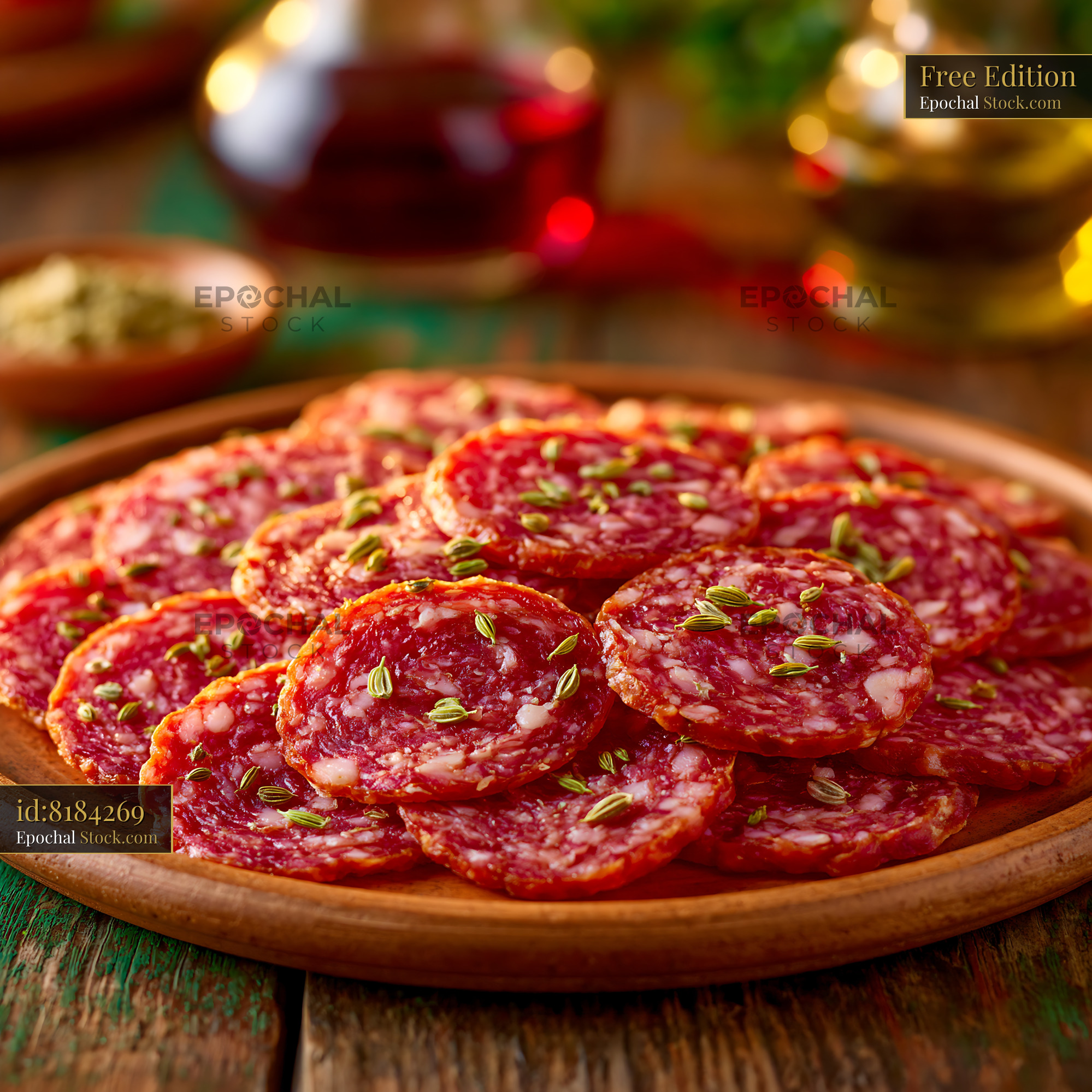 Slices of finocchiona igp meat with fennel seeds on a wooden board - stock photo