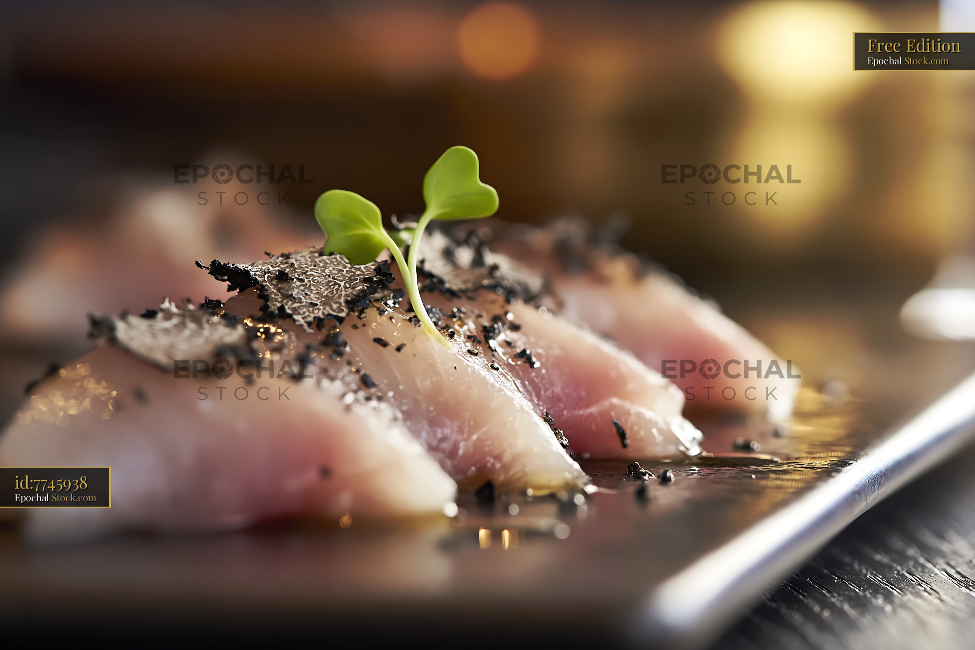 Yellowtail sashimi topped with black truffle and microgreens - stock photo