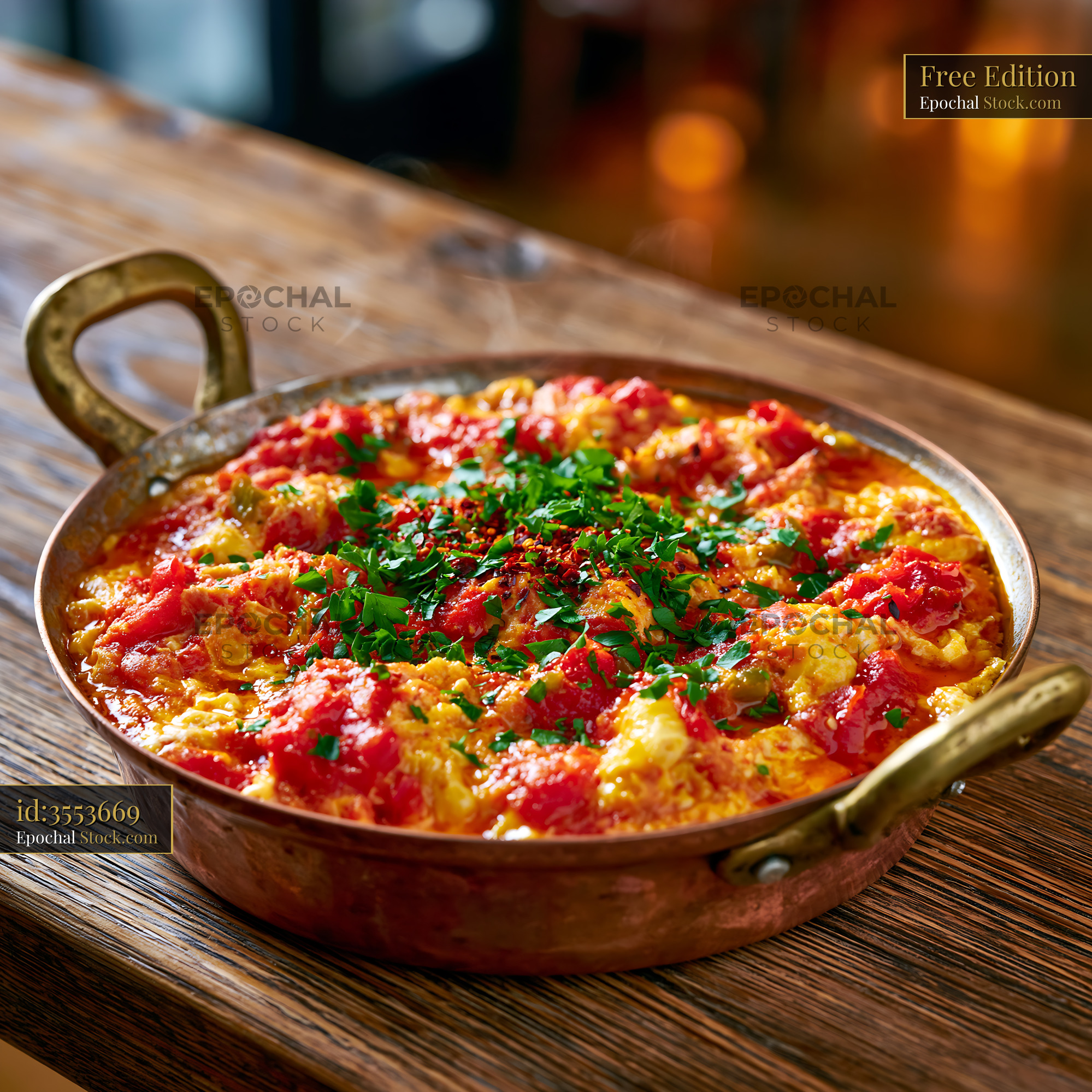 Traditional Turkish menemen egg food served in a rustic copper pan - stock photo