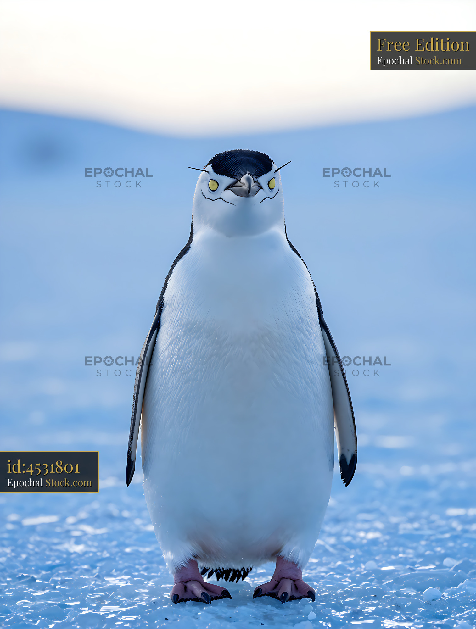 Yellow-eyed penguin standing on blue ice in a snowy polar landscape - stock photo