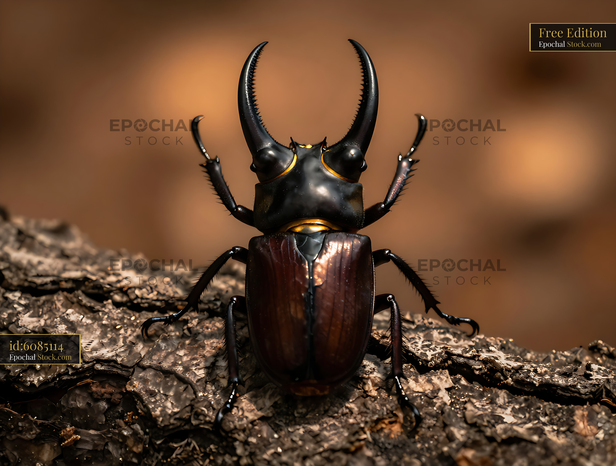 Titan beetle with large mandibles resting on tree bark - stock photo