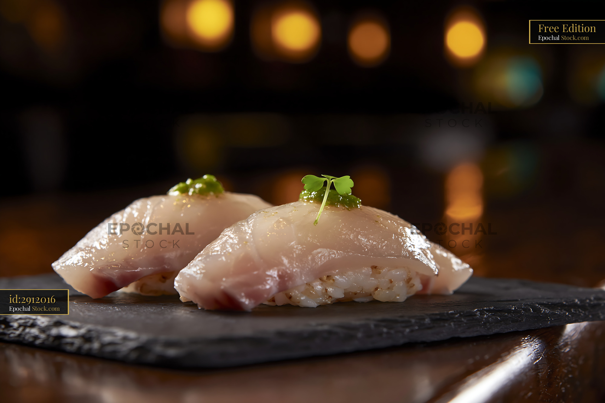 Two pieces of yuzu kosho yellowtail sushi on a slate plate - stock photo