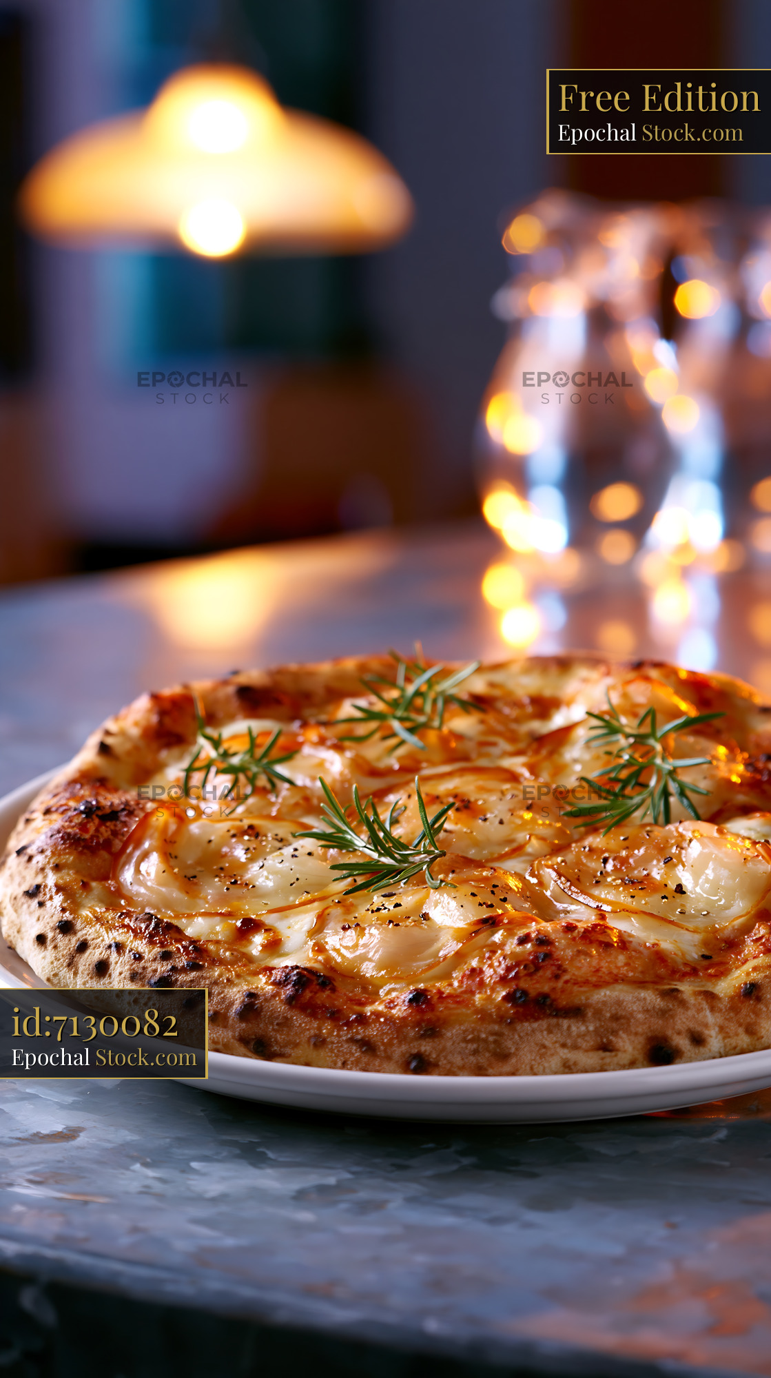 Lardo di Colonnata pizza with fresh rosemary in a cozy restaurant - stock photo