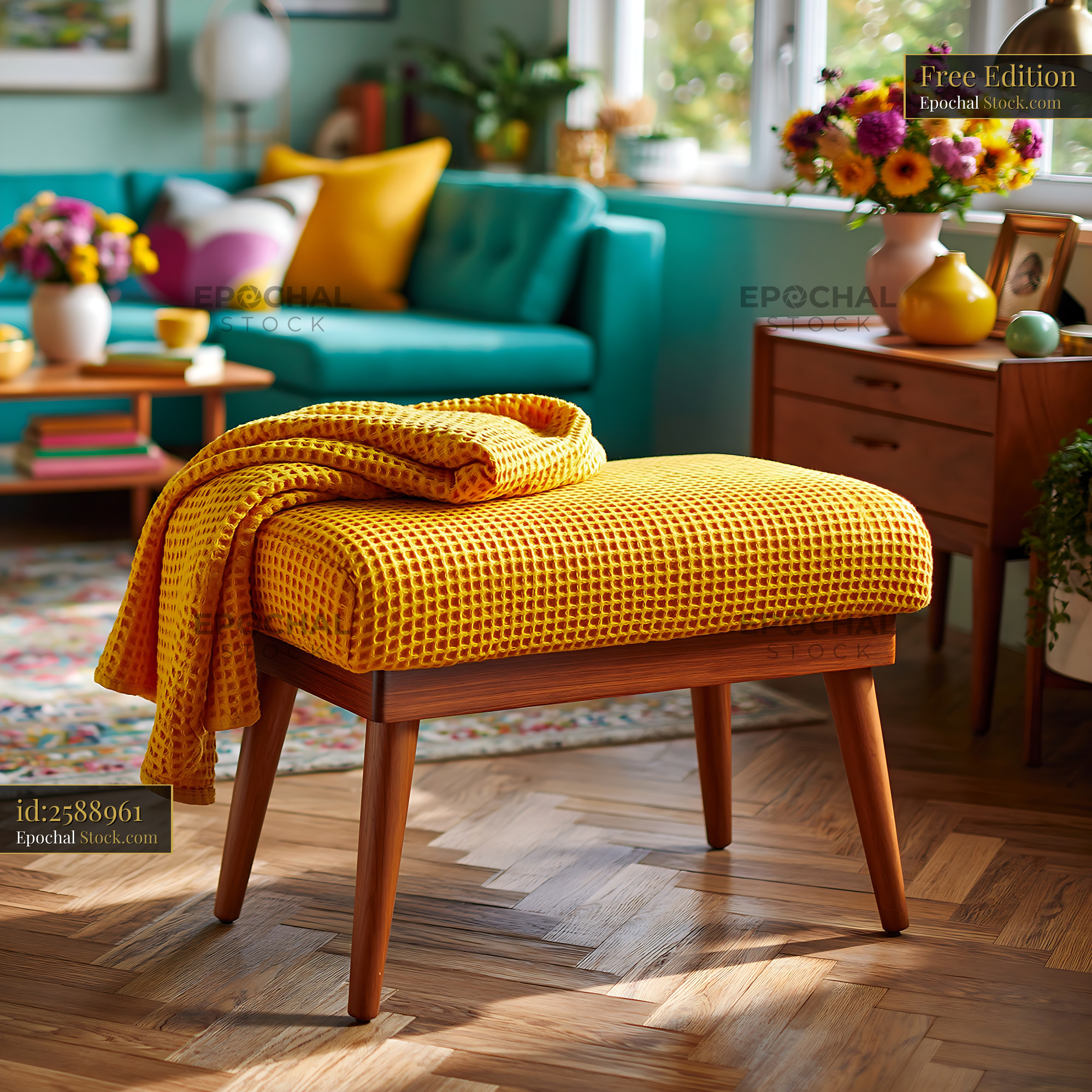 Yellow wooden seat with throw in a bright mid-century living room - stock photo