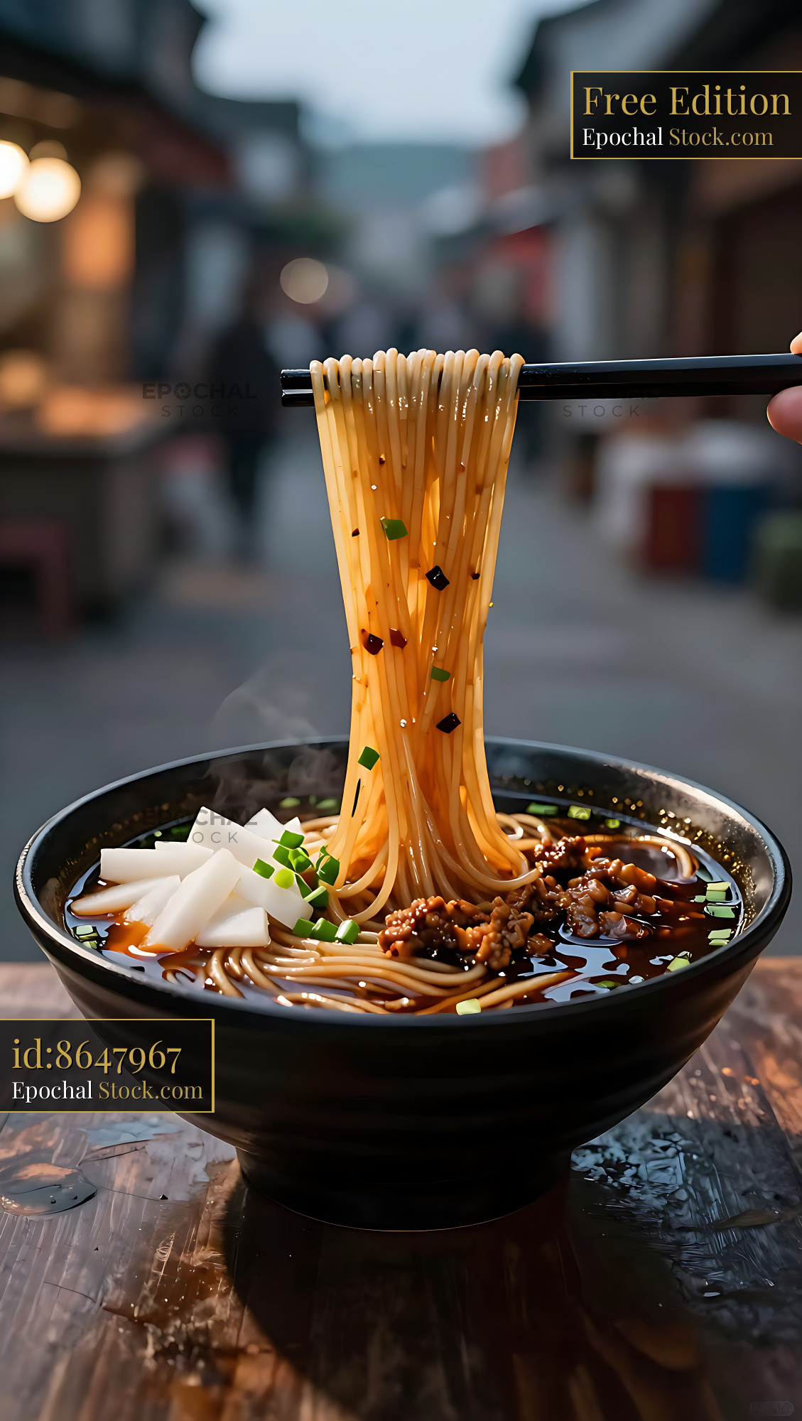Shanxi Daoxiao Mian noodles being lifted with chopsticks in a bowl - stock photo