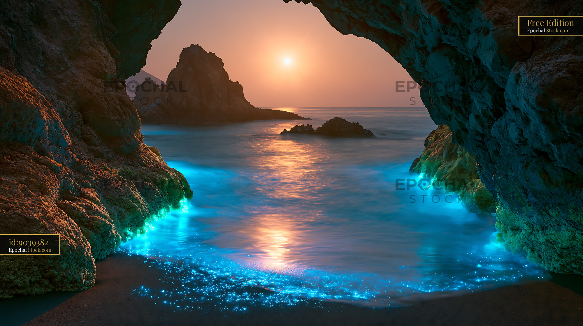 Bioluminescent water on dark anthracite sand beach in Italy at sunset - stock photo
