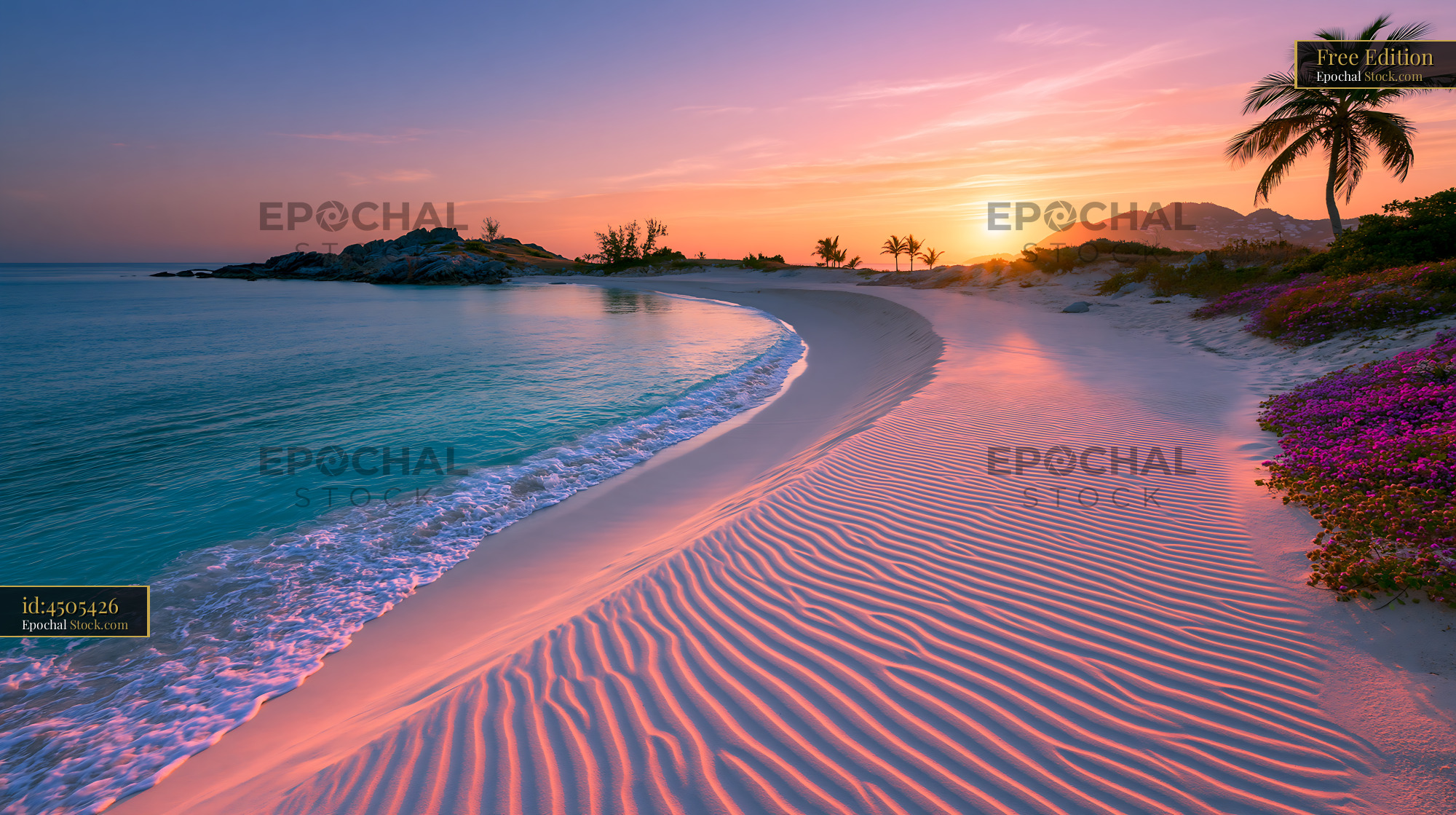 Pristine tropical beach with sand ripples and palm trees at sunset - stock photo