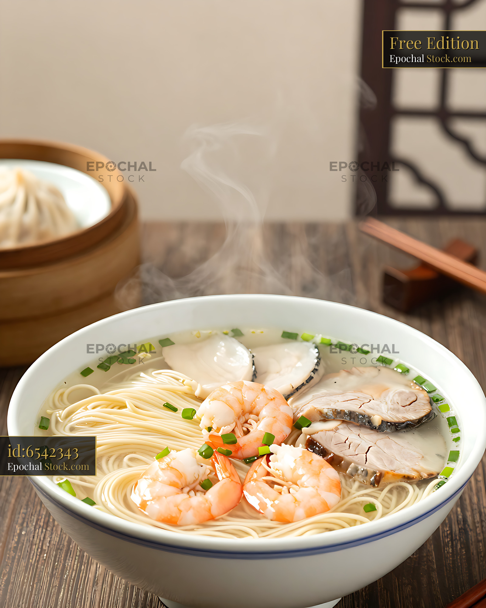 Steaming bowl of authentic Suzhou San Xian Tang Mian with shrimp - stock photo