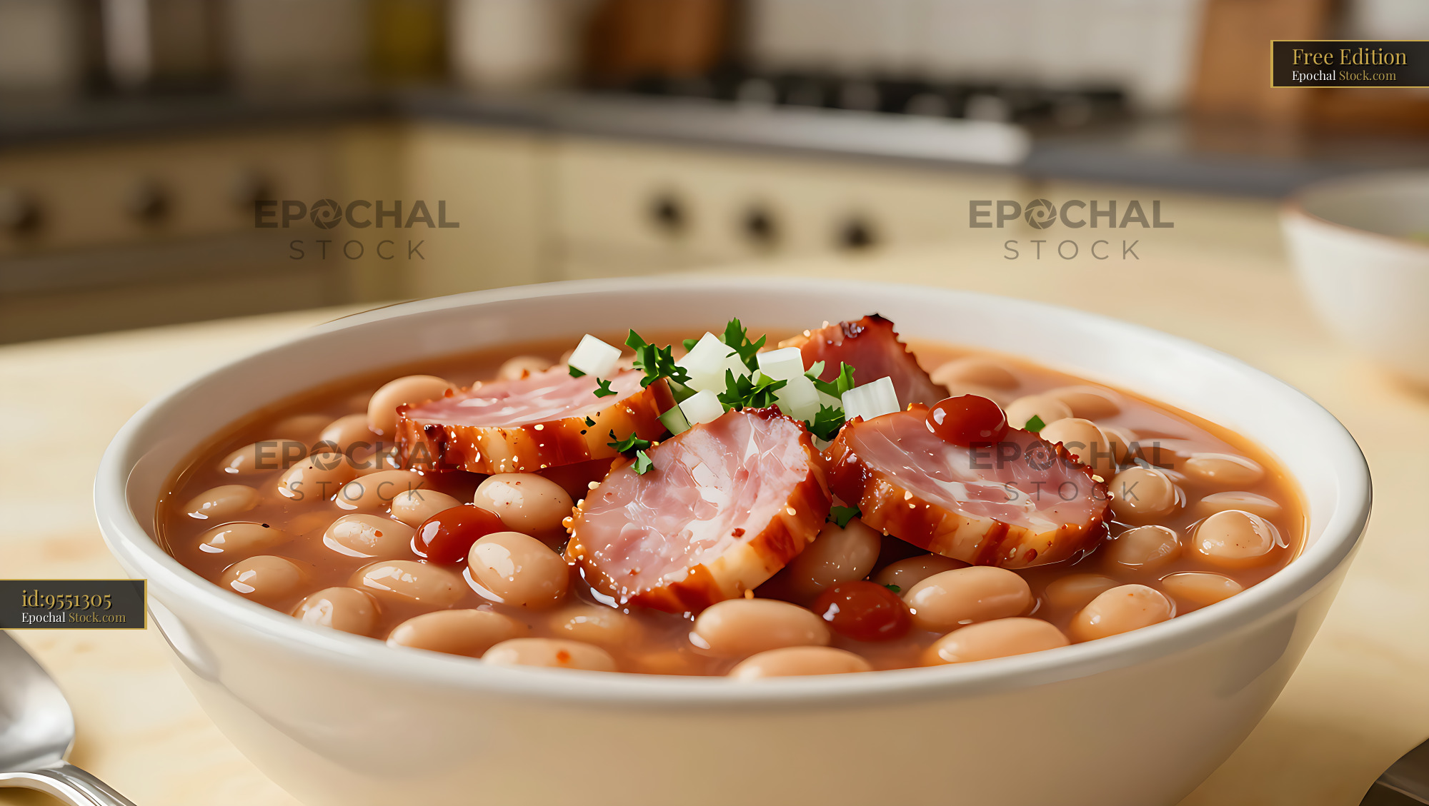 Appalachian ham and soup beans served in a white ceramic bowl - stock photo