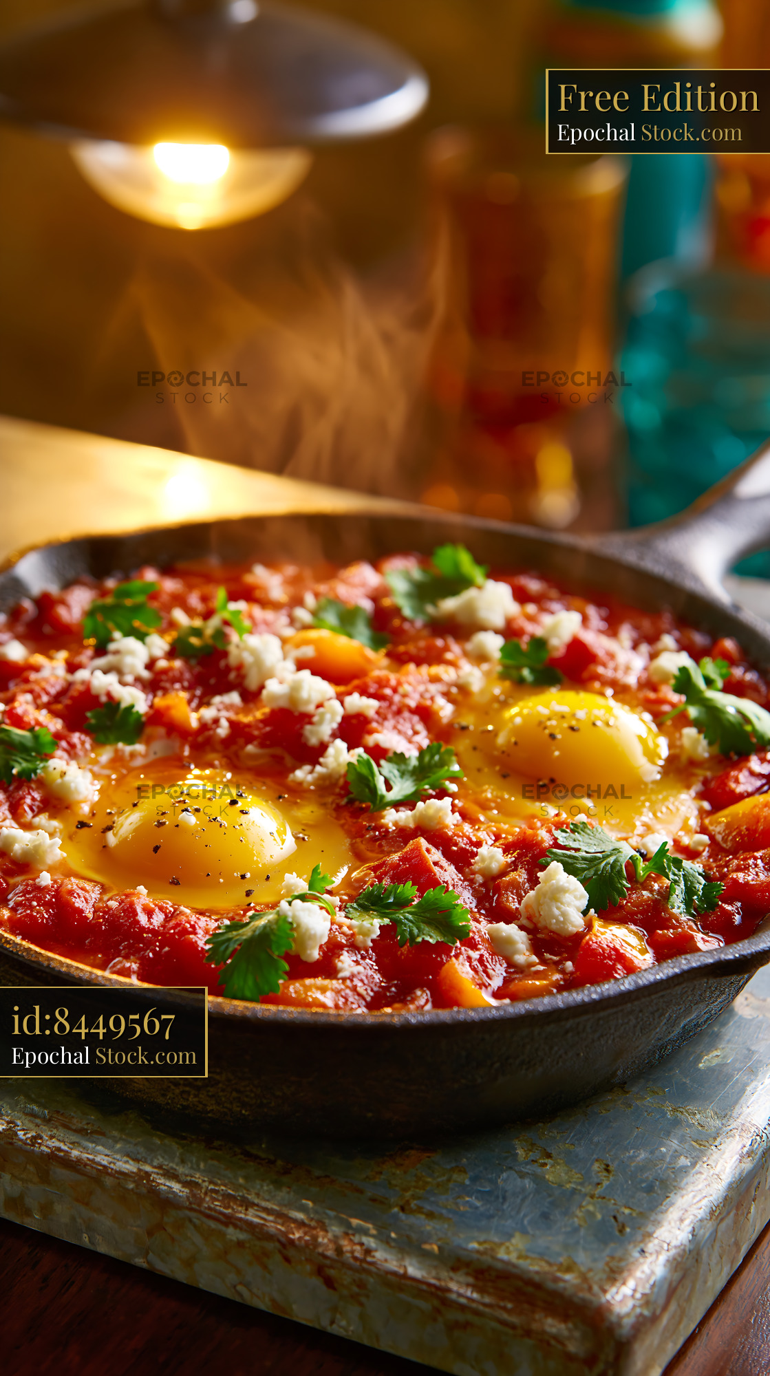 Traditional shakshuka egg food in a cast iron skillet with feta - stock photo