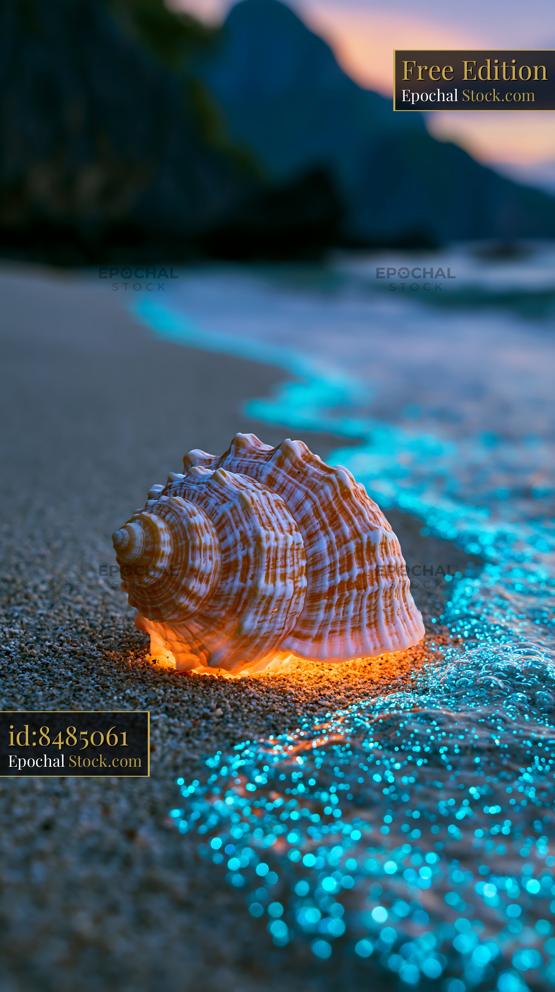 Glowing seashell on a tropical beach with blue bioluminescence at dusk - stock photo