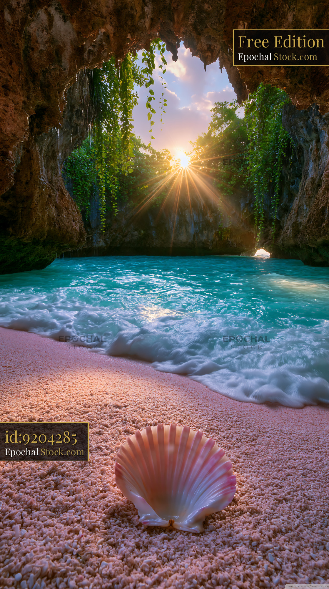 Seashell on pink sand beach in a secluded grotto at sunset - stock photo