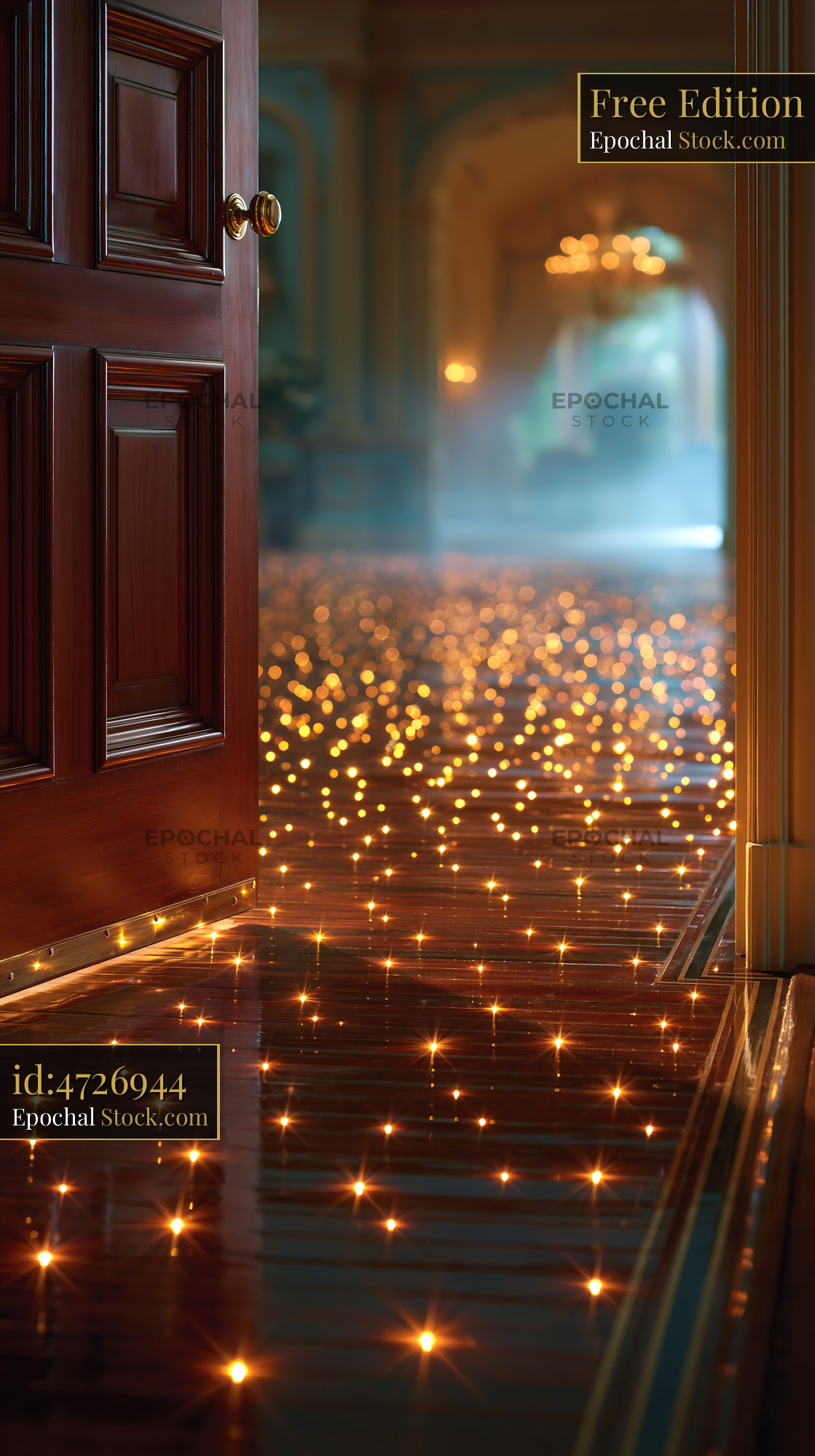 Open wooden door revealing a floor of glowing lights in a grand ballro - stock photo