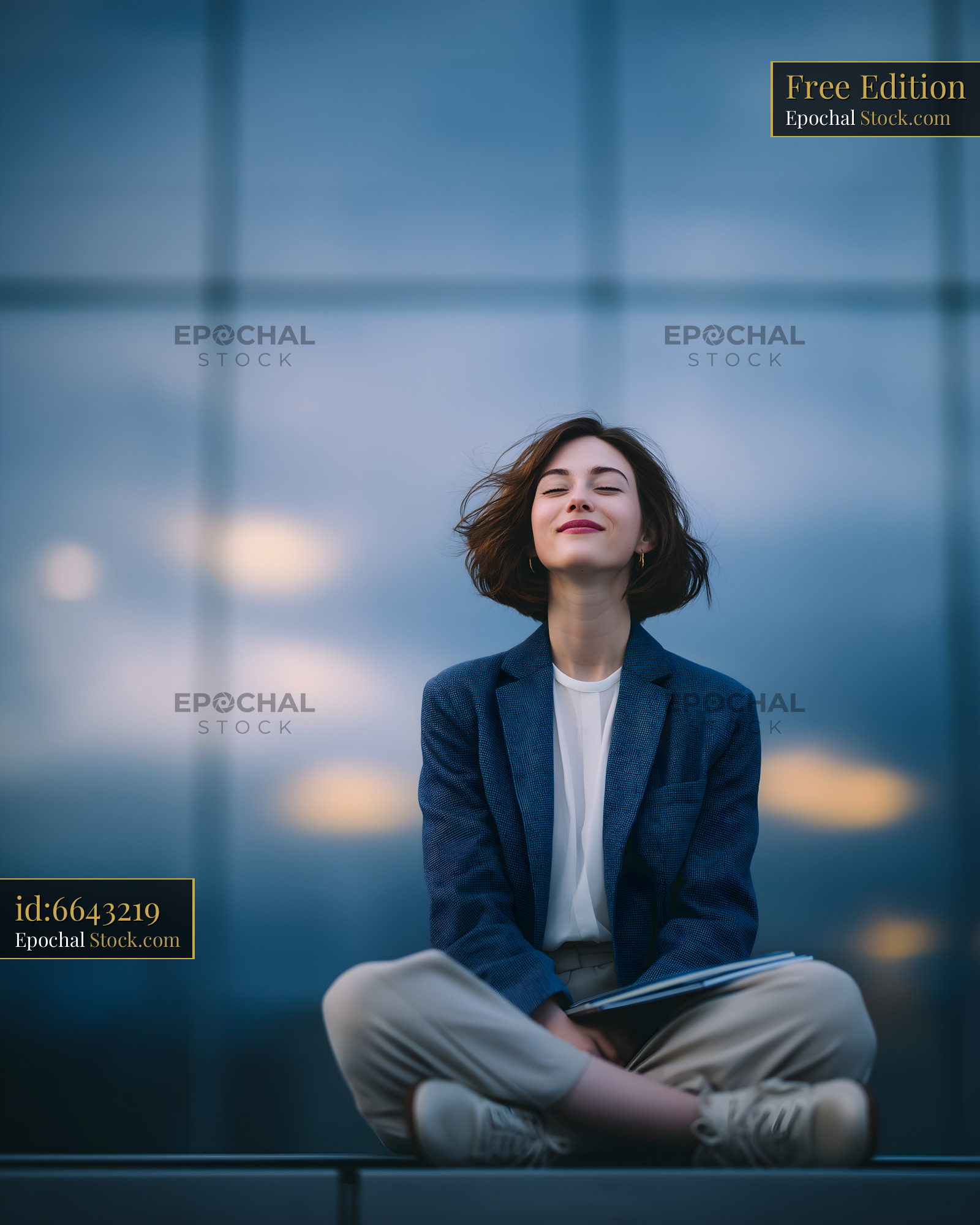 Woman sitting quietly outside a modern building at dusk Free Premium Stock Image - stock photo