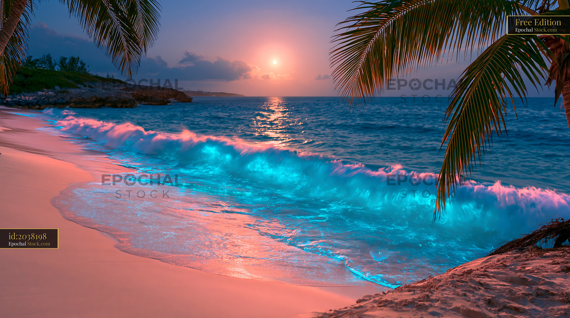 Glowing blue waves on a tropical sandy beach at sunset with palms - stock photo
