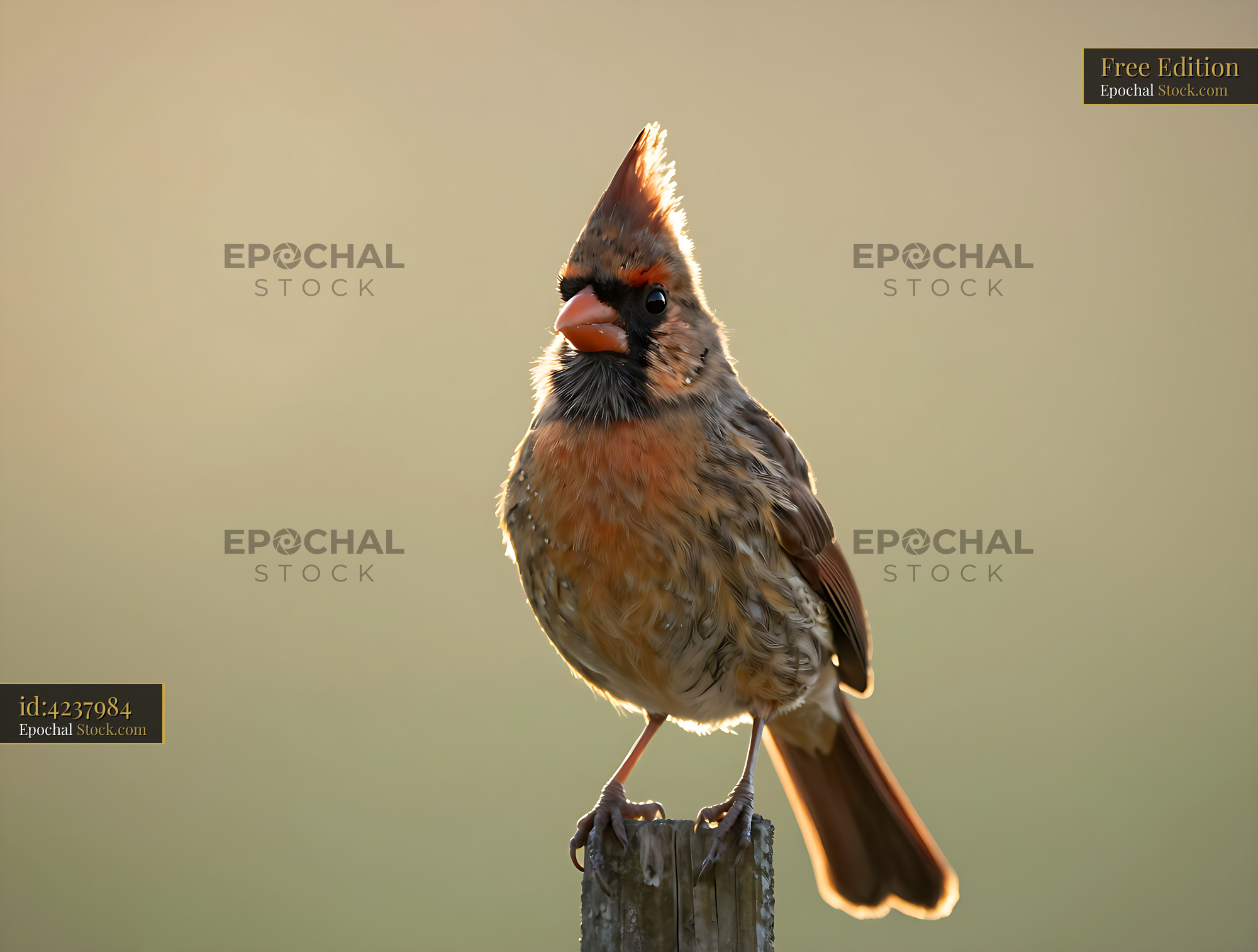Female Northern Cardinal perched on a wooden post at golden hour - stock photo