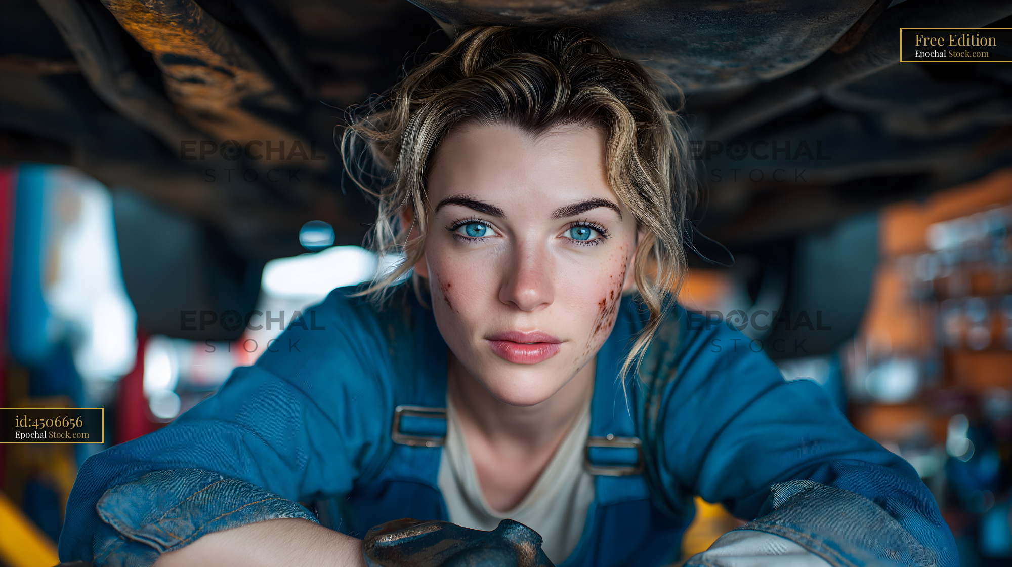 Woman working on a car in a garage during daytime hours Free Premium Stock Photo
