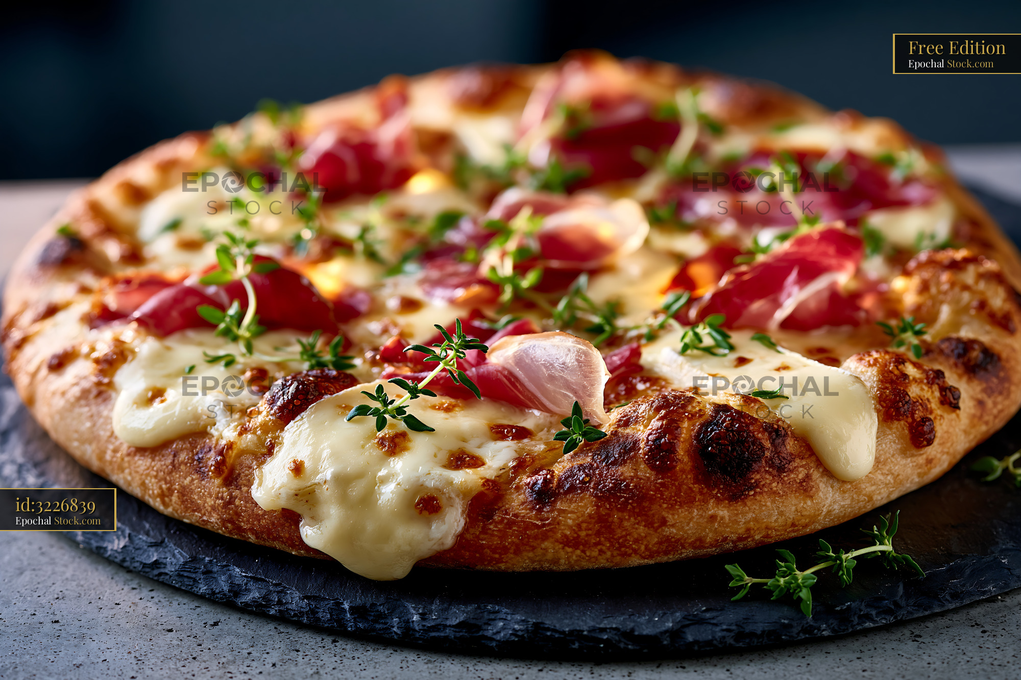 Speck brie pizza with melted cheese and fresh thyme sprigs - stock photo