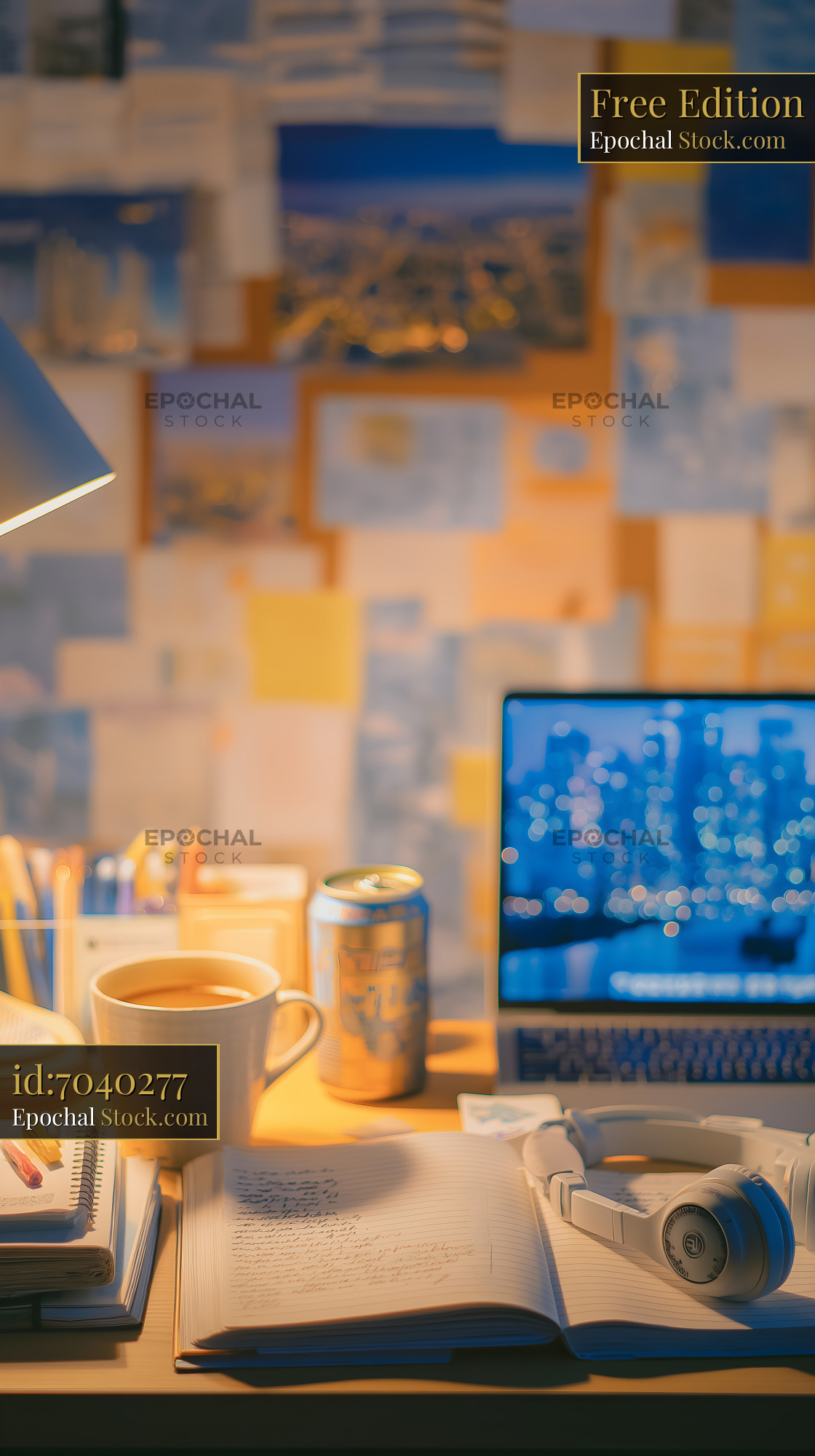 Working late at a desk with laptop and notes in room Free Premium Stock Photo