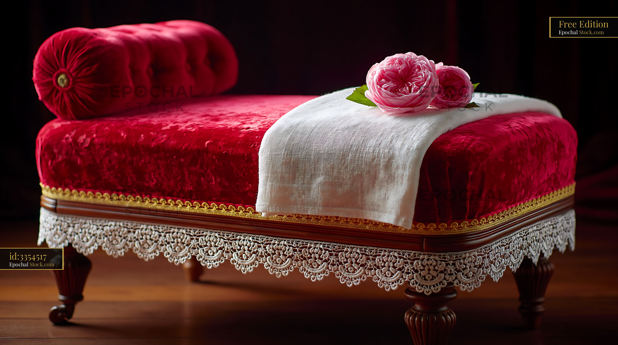 Antique red velvet bench with white linen blanket and fresh pink roses - stock photo