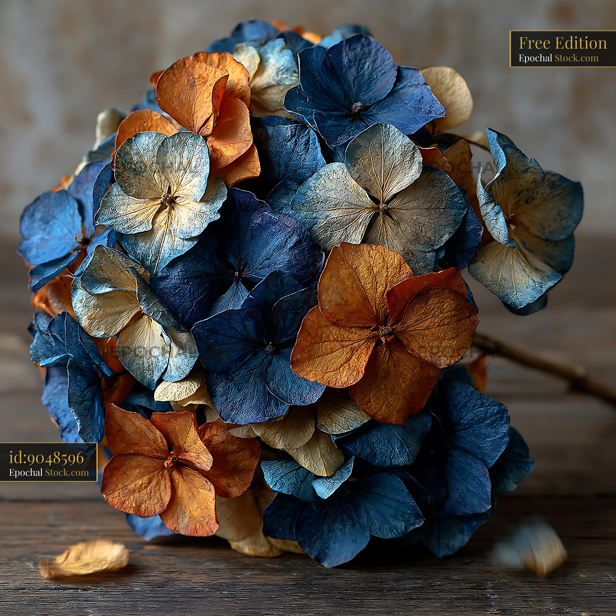 Dry hydrangea bouquet in blue and copper on a rustic wooden table - stock photo