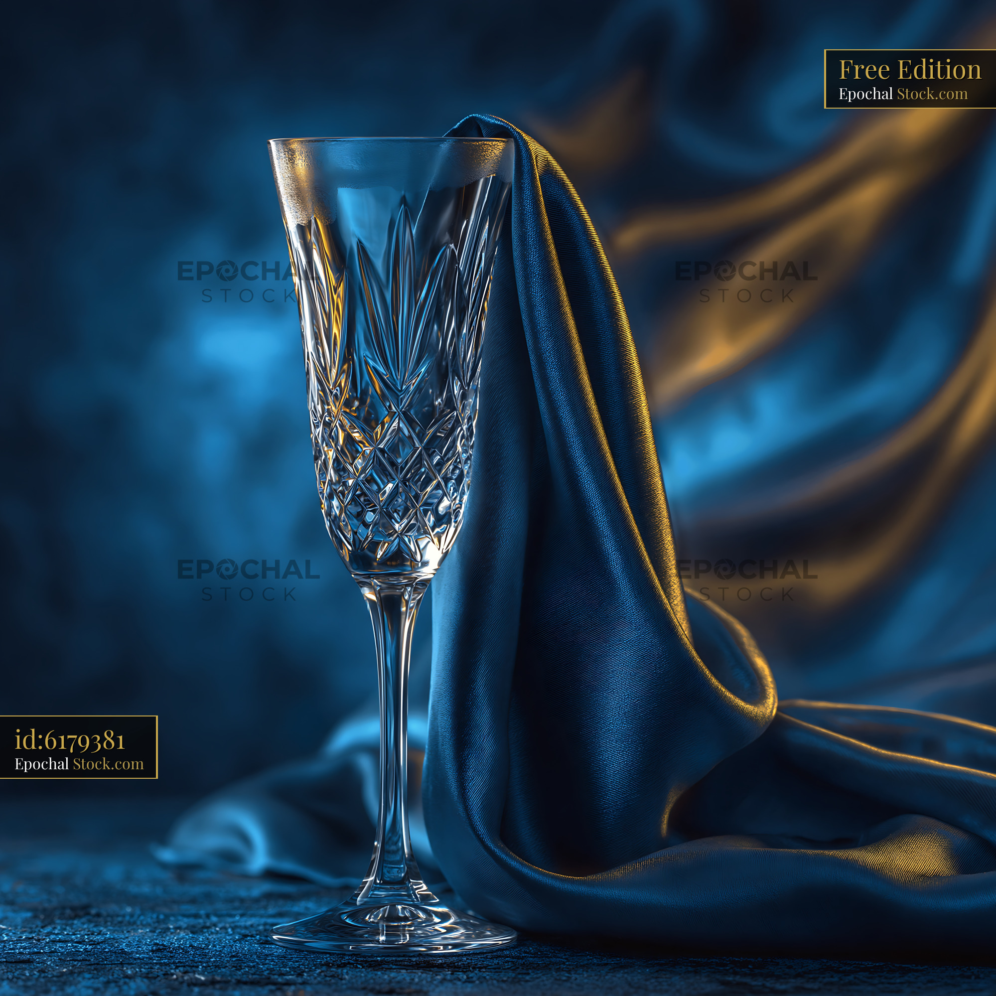 Elegant empty crystal champagne glass with blue silk fabric at midnigh - stock photo
